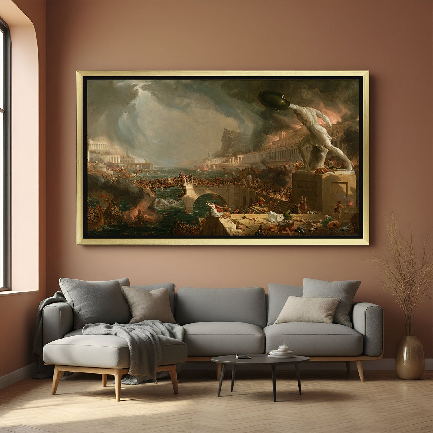 Golden-framed classical canvas of empire destruction—antique artwork in vintage textured wall art format