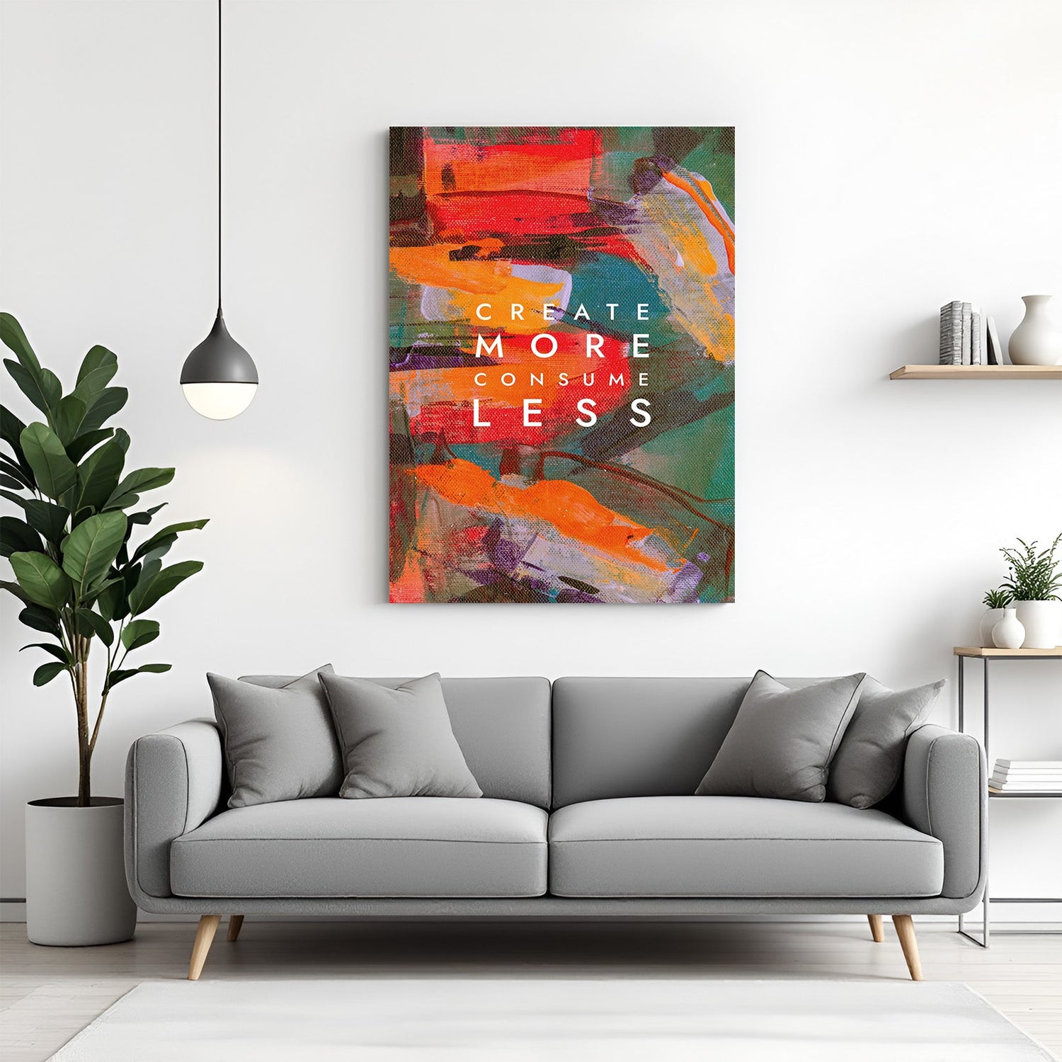 Motivational canvas wall art with “Create More, Consume Less” quote for office and home decor