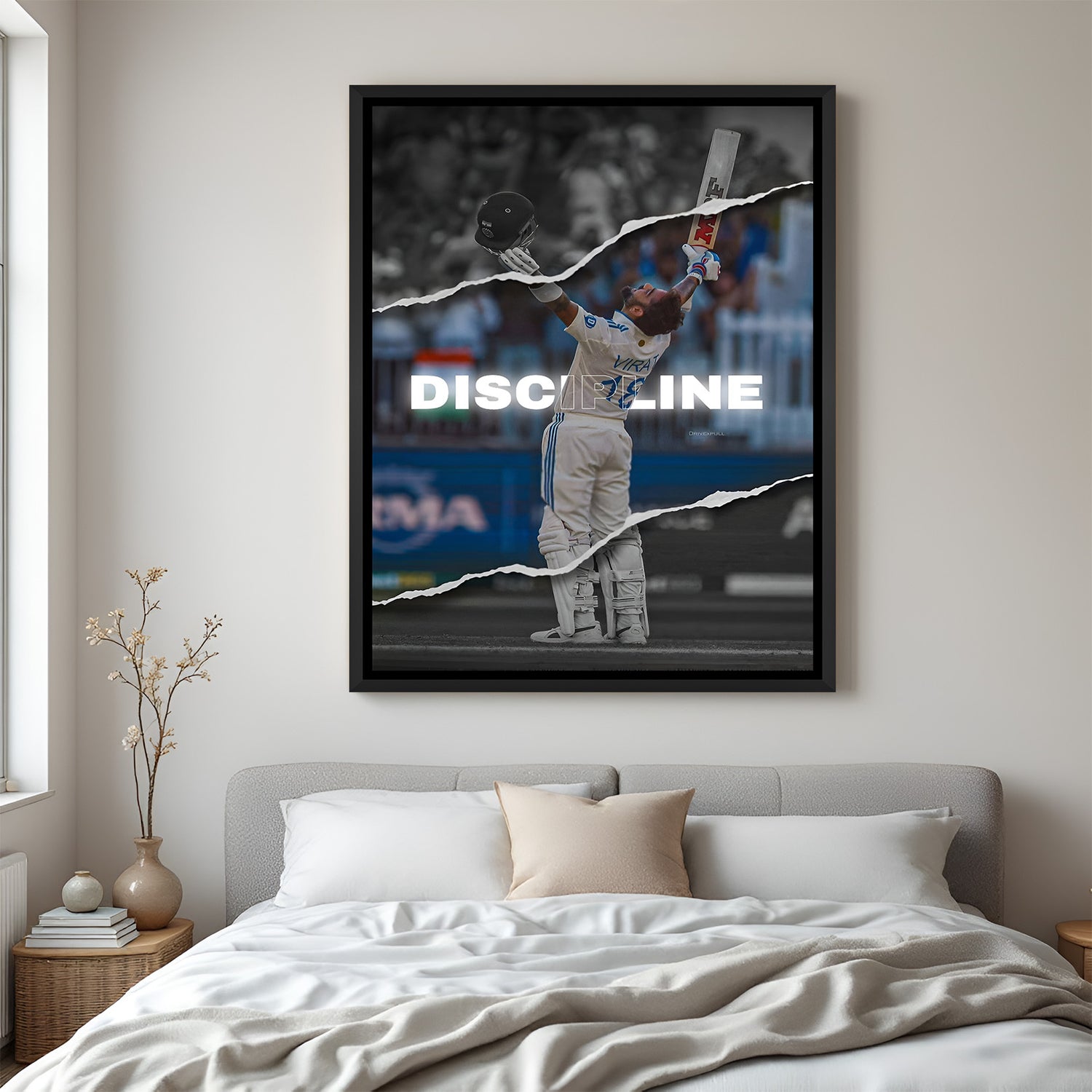 Cricketer with raised arms celebrating a win – framed canvas wall art with motivational message for champions.