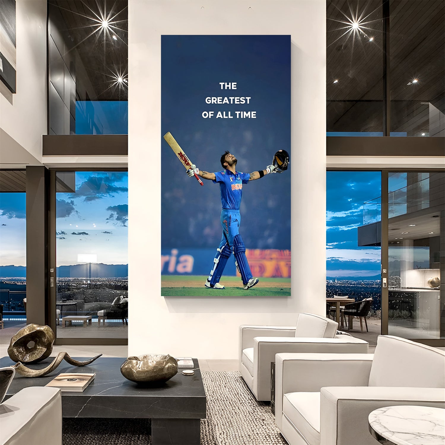 Canvas wall art of cricketer walking with bat & helmet in hand, quote: The Greatest of All Time