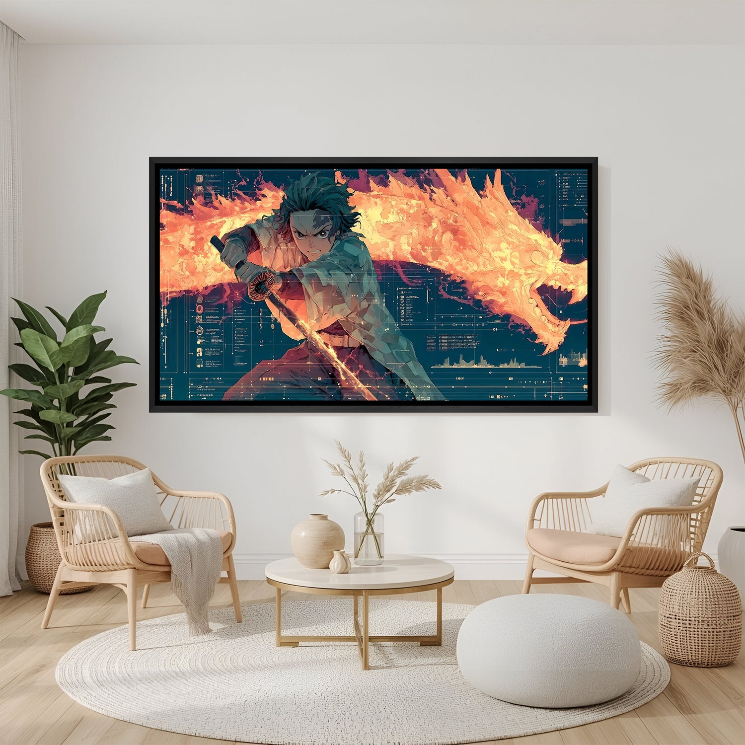 Tanjiro anime battle artwork in elegant black floater frame featuring fiery dragon and dynamic action pose
