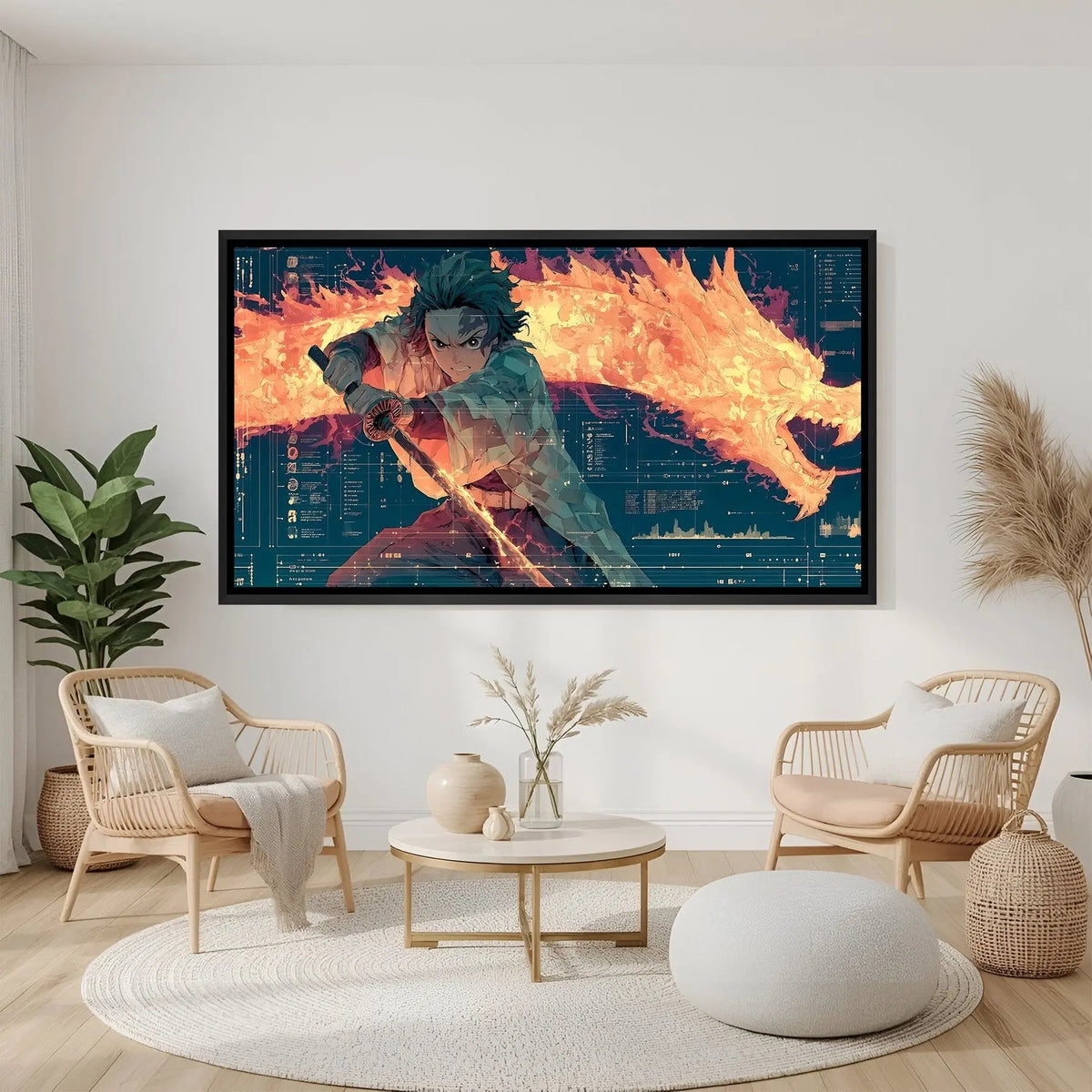 Tanjiro anime battle artwork in elegant black floater frame featuring fiery dragon and dynamic action pose
