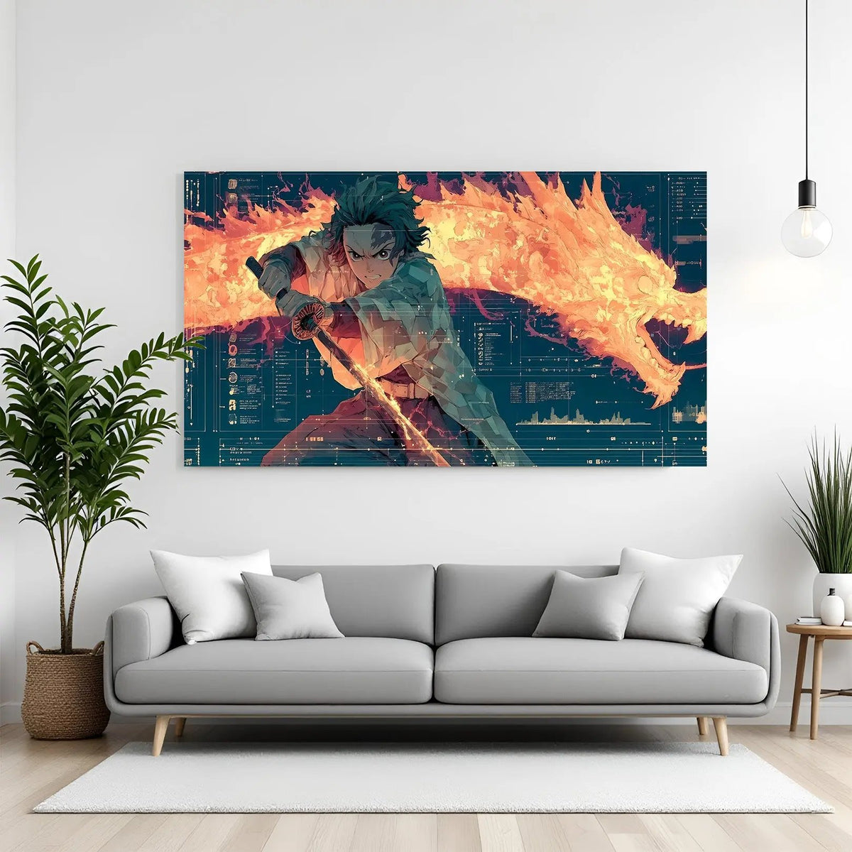 Tanjiro attacking with fiery dragon anime canvas wall art in premium canvas wrapped frame with intense battle scene