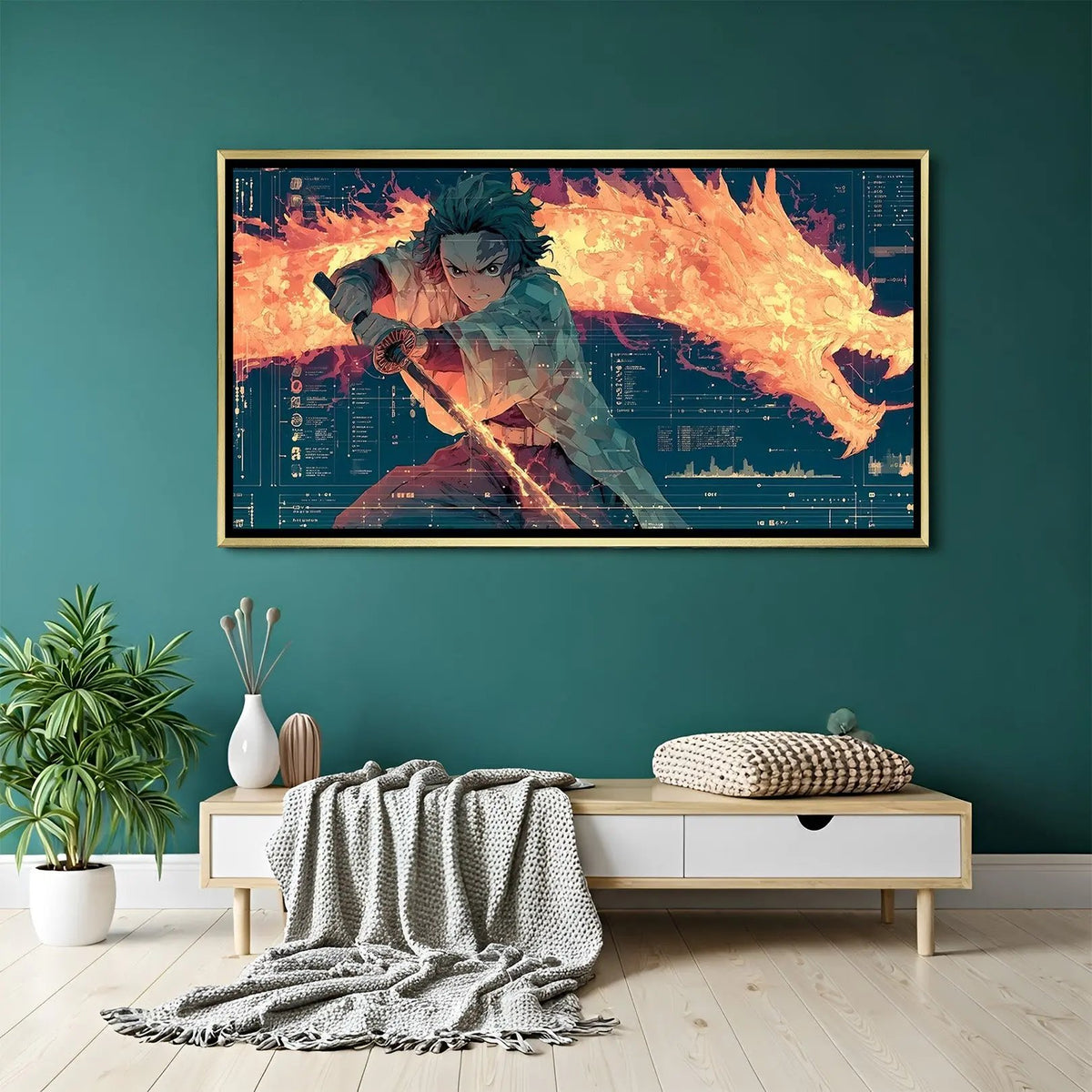 Luxury Tanjiro anime canvas artwork in golden floater frame with blazing dragon and flame-inspired design