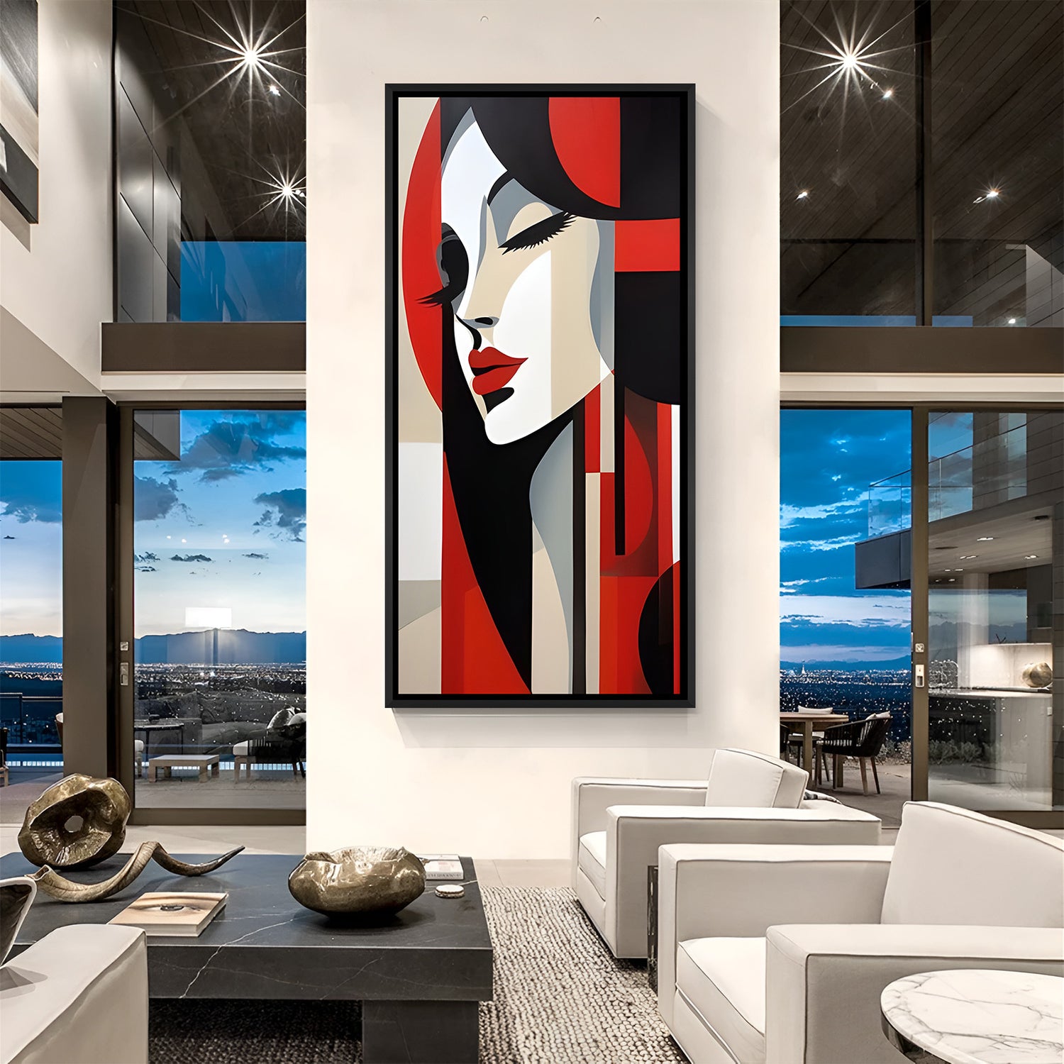 Modern abstract female portrait wall art in black floater frame with bold red and geometric artistic styling