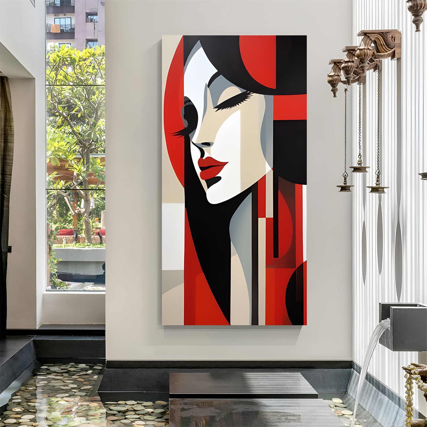 Crimson elegance female abstract modern canvas wall painting with geometric portrait design in canvas wrapped frame