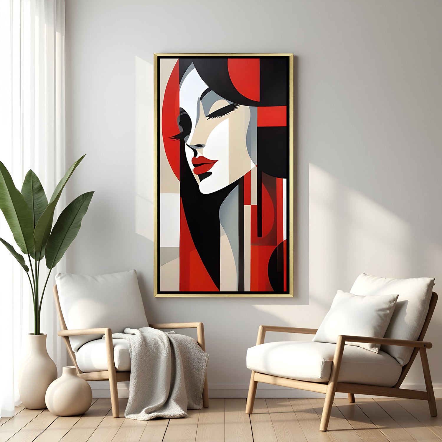 Luxury female abstract modern canvas artwork in golden floater frame with elegant geometric composition