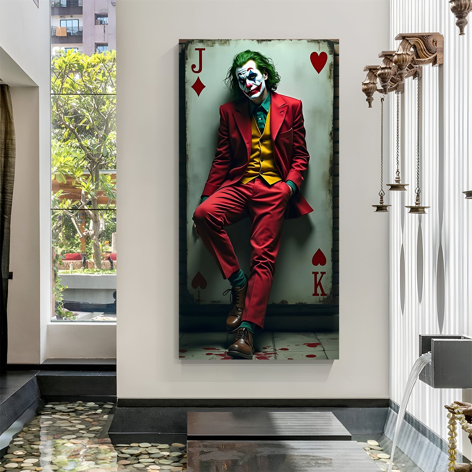 Vertical villain-inspired playing card wall art featuring red suit antihero character in dramatic cinematic style.