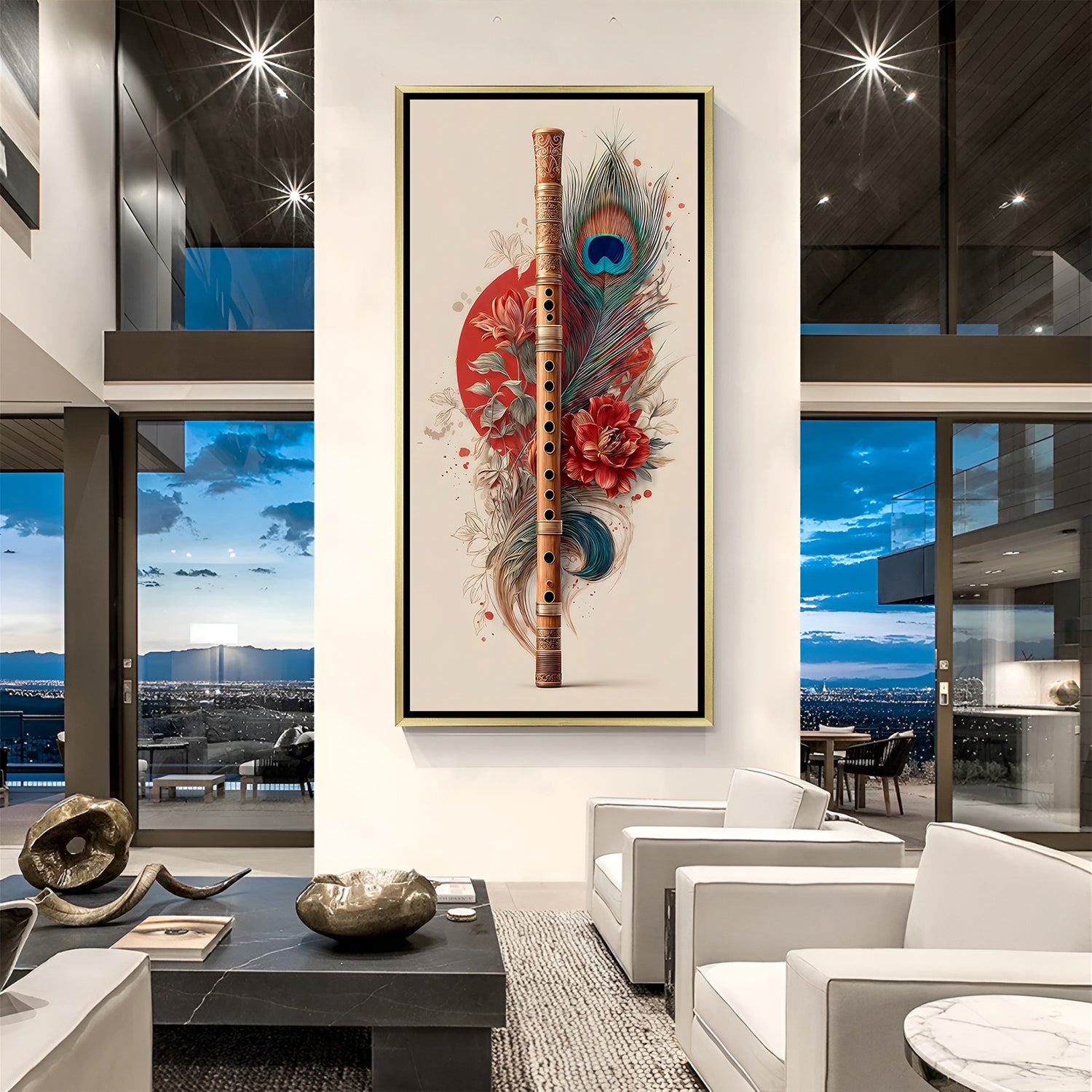 Spiritual bamboo flute and morpankh canvas painting with red sun motif in luxurious golden floater frame