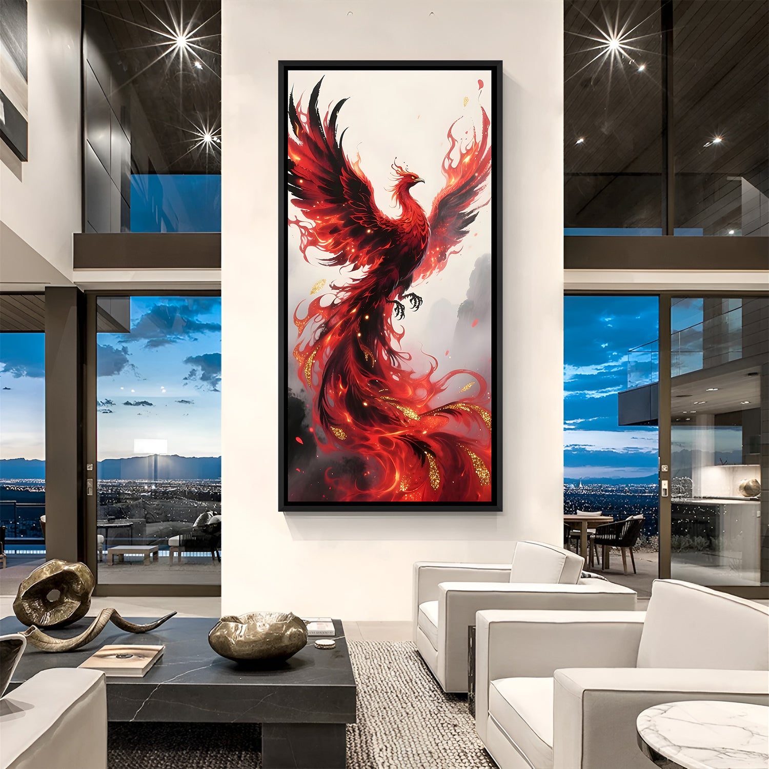 Luxury red phoenix portrait artwork in black frame featuring intense flame details.