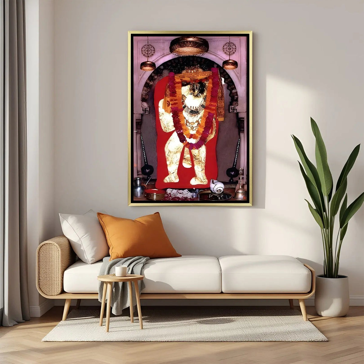 Crimson Reverence Mehandipur Balaji artwork in luxury golden floater frame featuring divine idol portrait