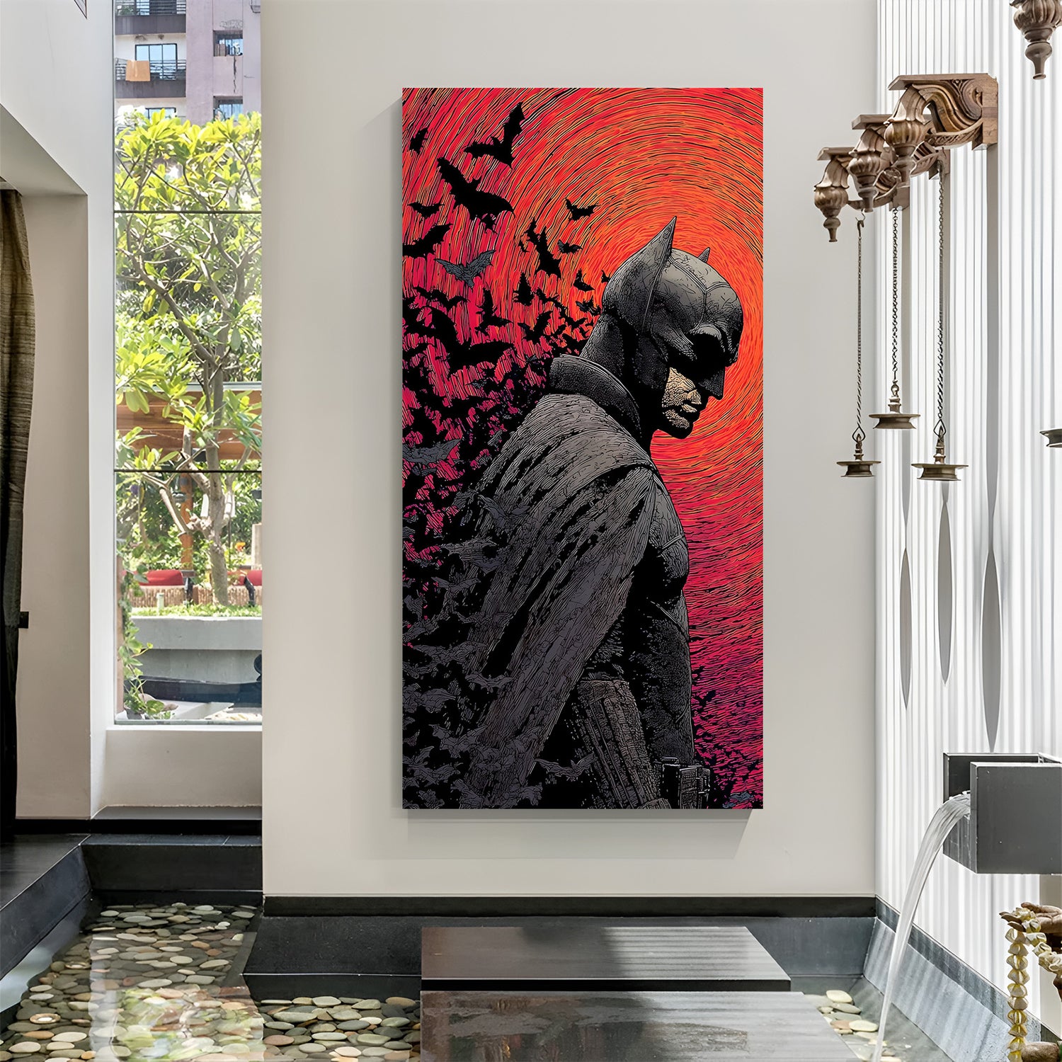Crimson Shadow Guardian Batman canvas wall art featuring Batman in a side pose with bats flying behind him against a red background