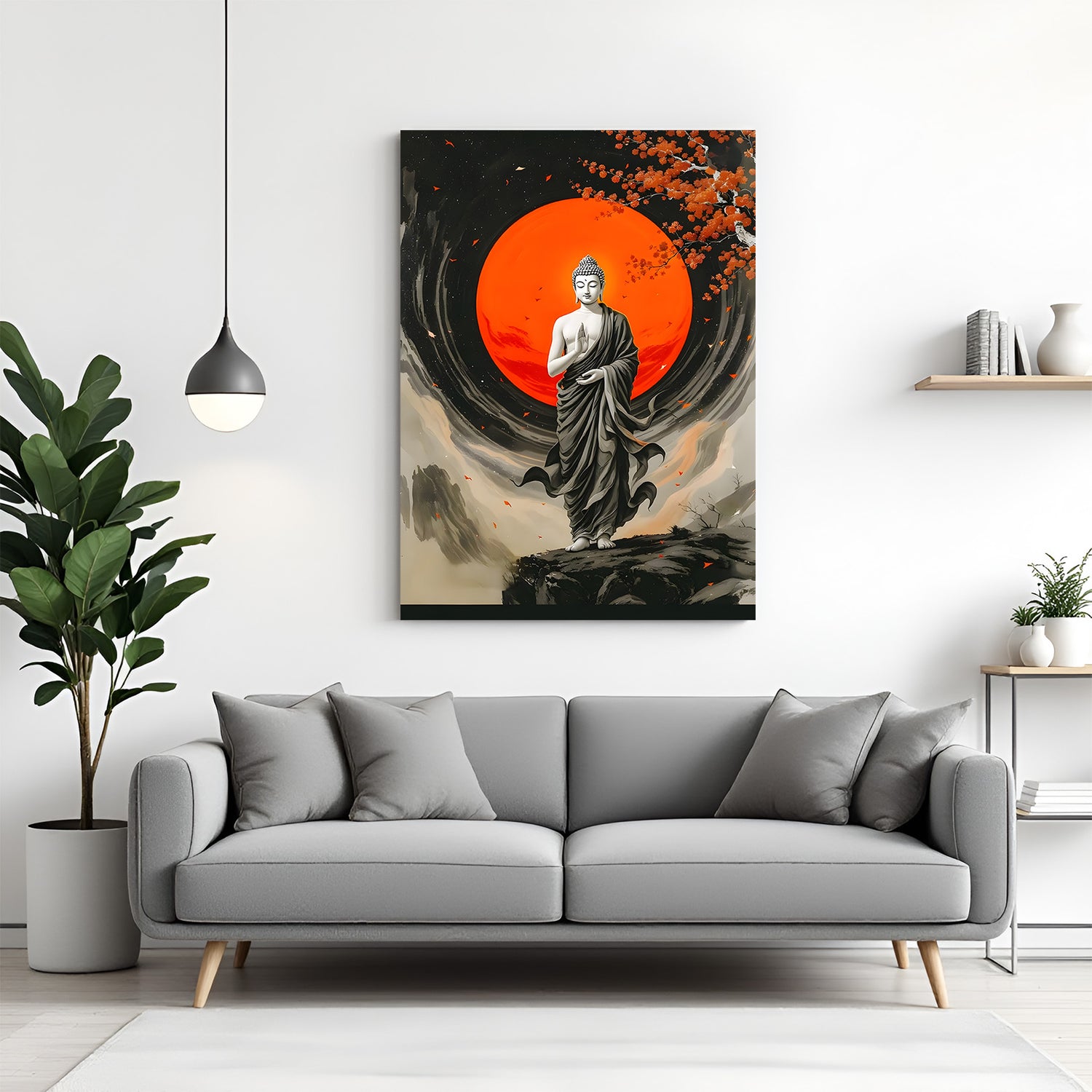 Vertical Buddha standing wall art with bold red sun and dramatic background.