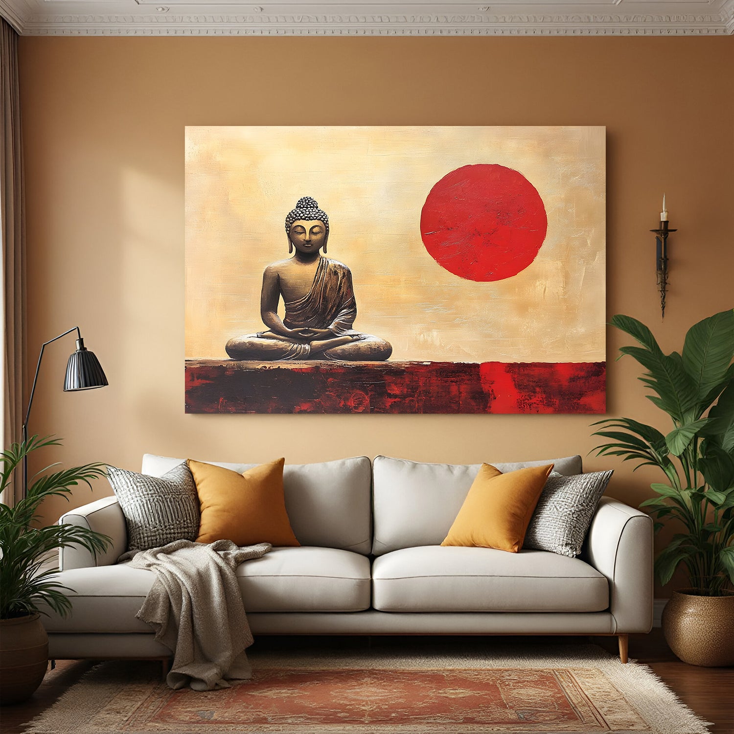 Buddha wall art with red sun in canvas wrapped frame featuring warm beige and terracotta tones.