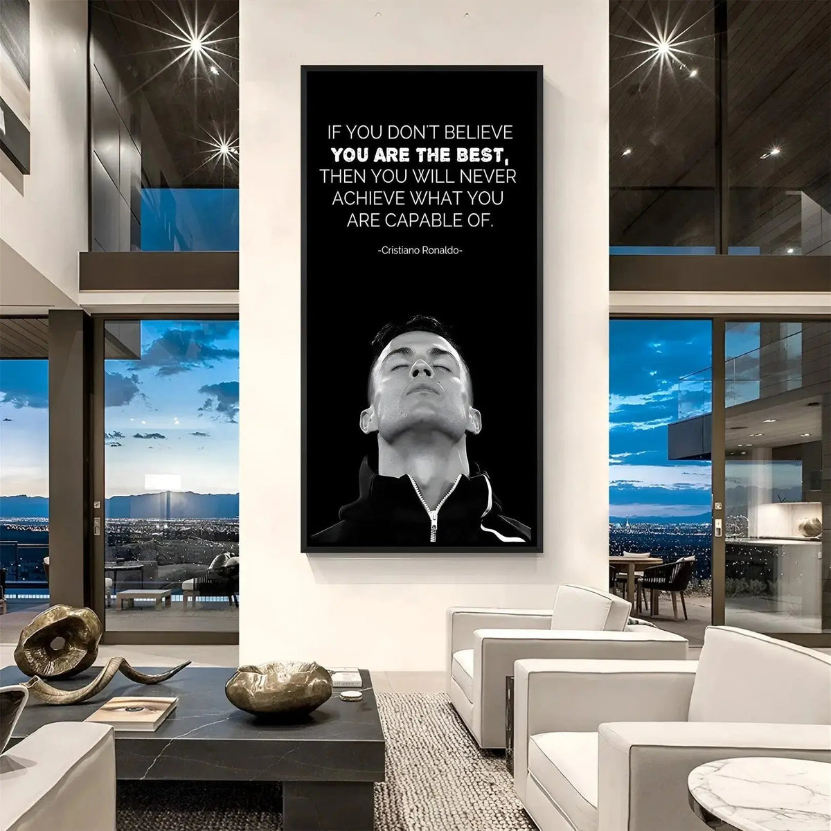 Ronaldo inspirational football wall art in black floater frame premium sports canvas decor
