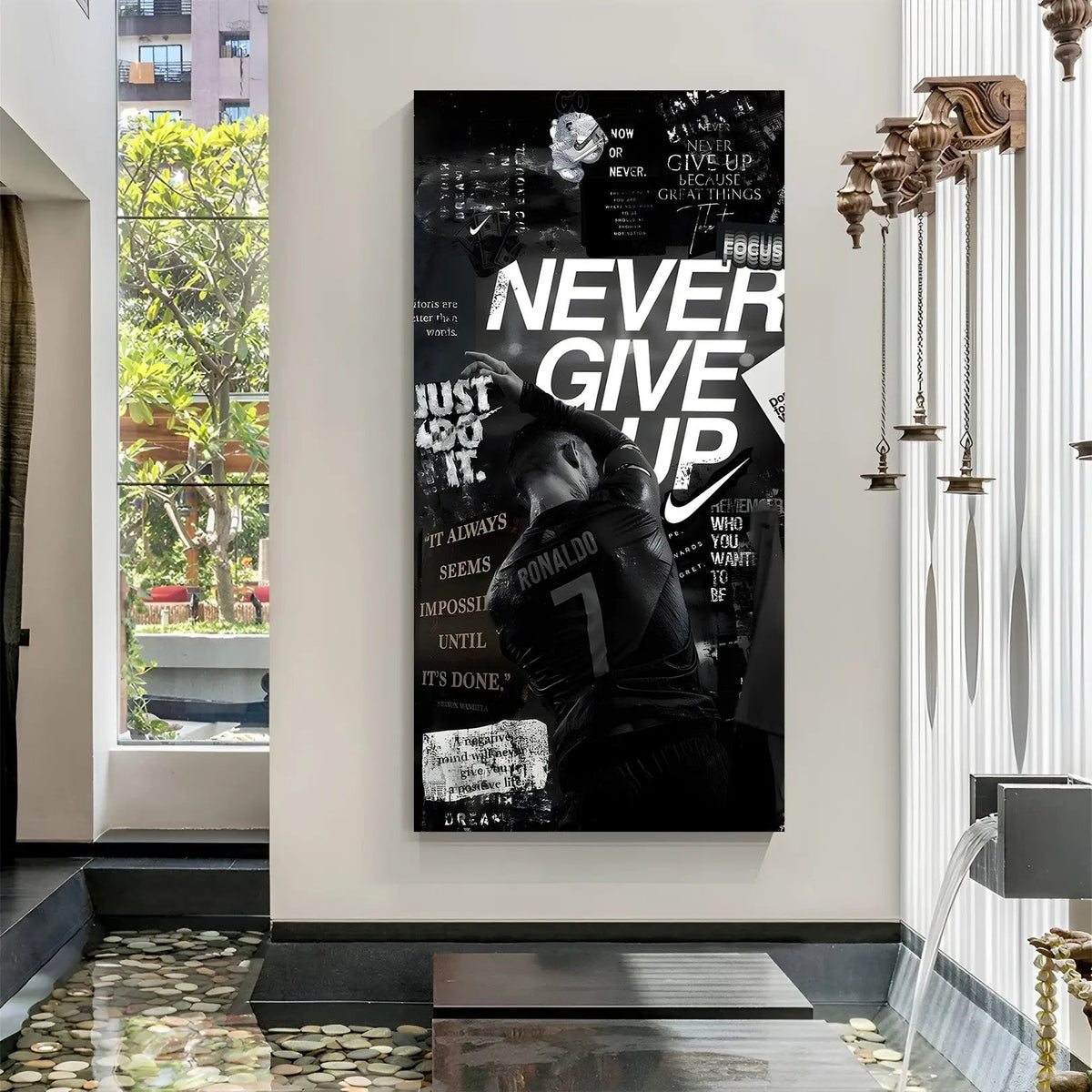 Cristiano Ronaldo never give up football motivation canvas wall art celebrating inspirational sports decor