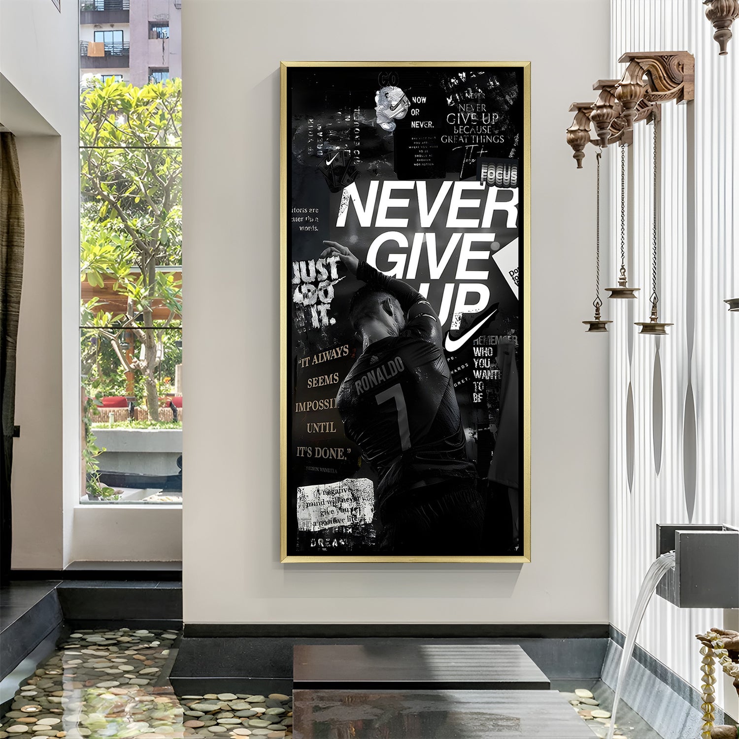 Cristiano Ronaldo never give up artwork in golden floater frame luxury football wall painting decor