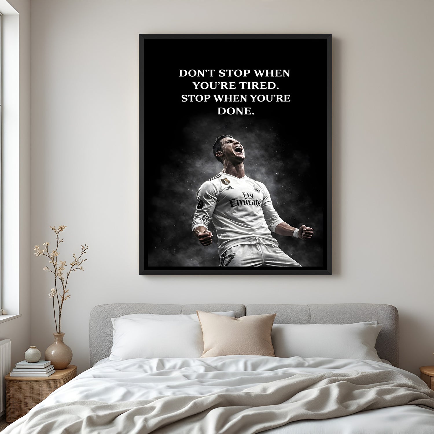 Ronaldo motivational football wall art in black floater frame premium sports canvas decor
