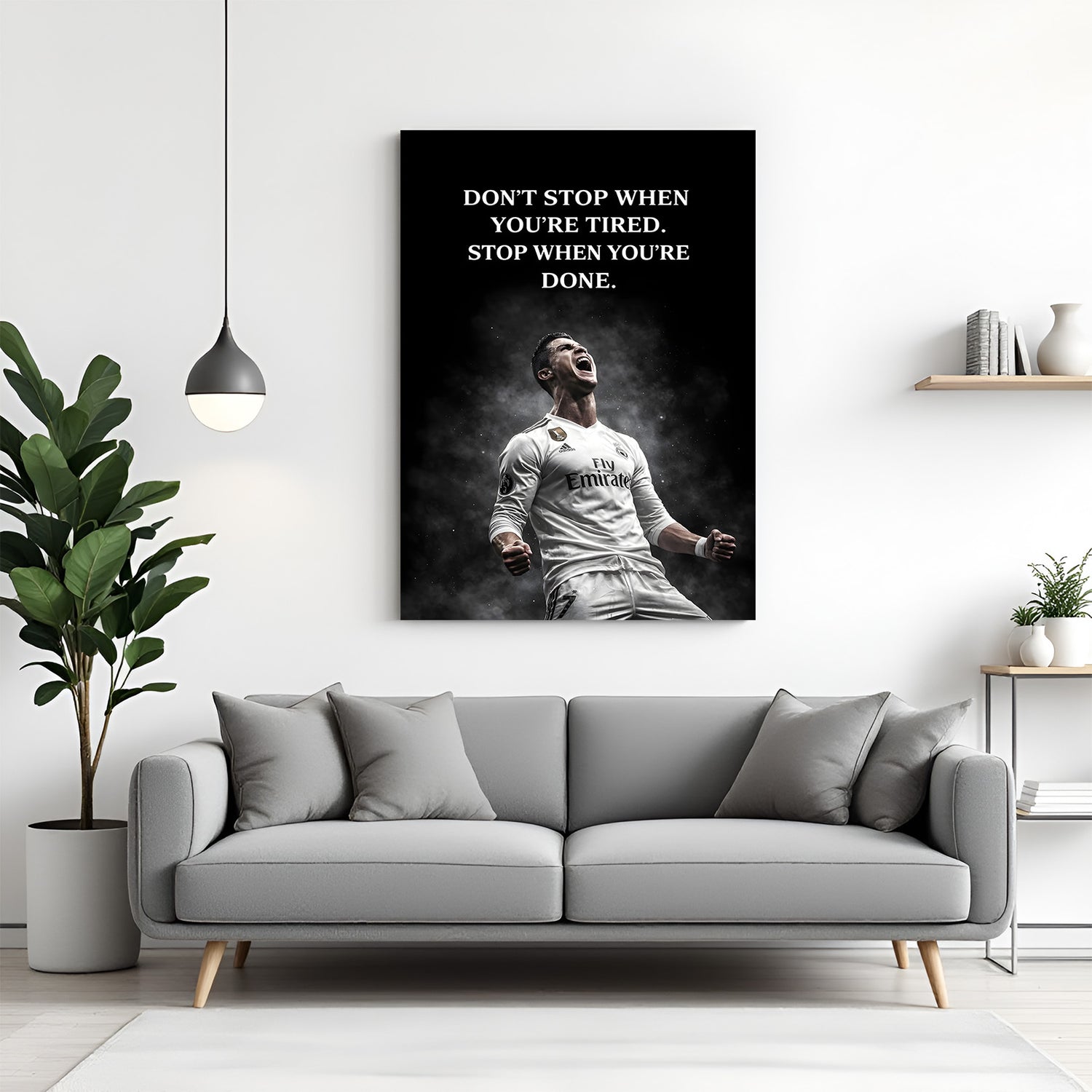 Cristiano Ronaldo celebrating football motivation canvas wall art with never stop quote sports decor