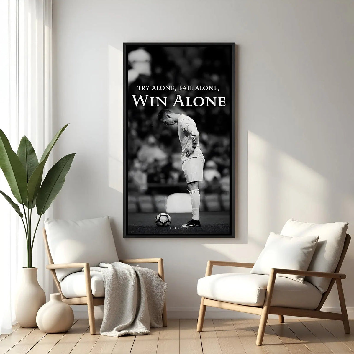 Ronaldo motivational football wall art in black floater frame premium sports canvas decor