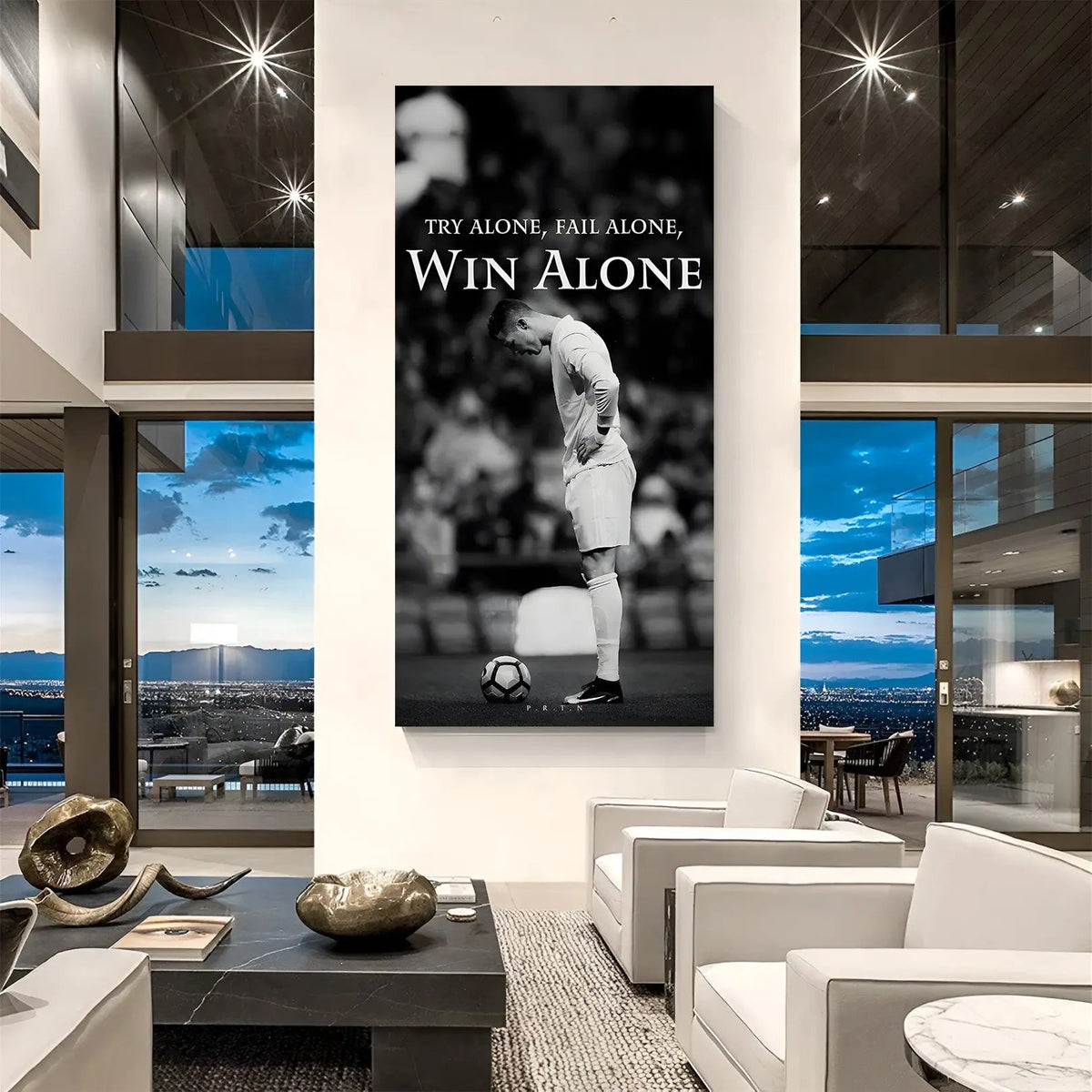 Cristiano Ronaldo football motivation canvas wall art standing in front of football with inspirational quote sports decor