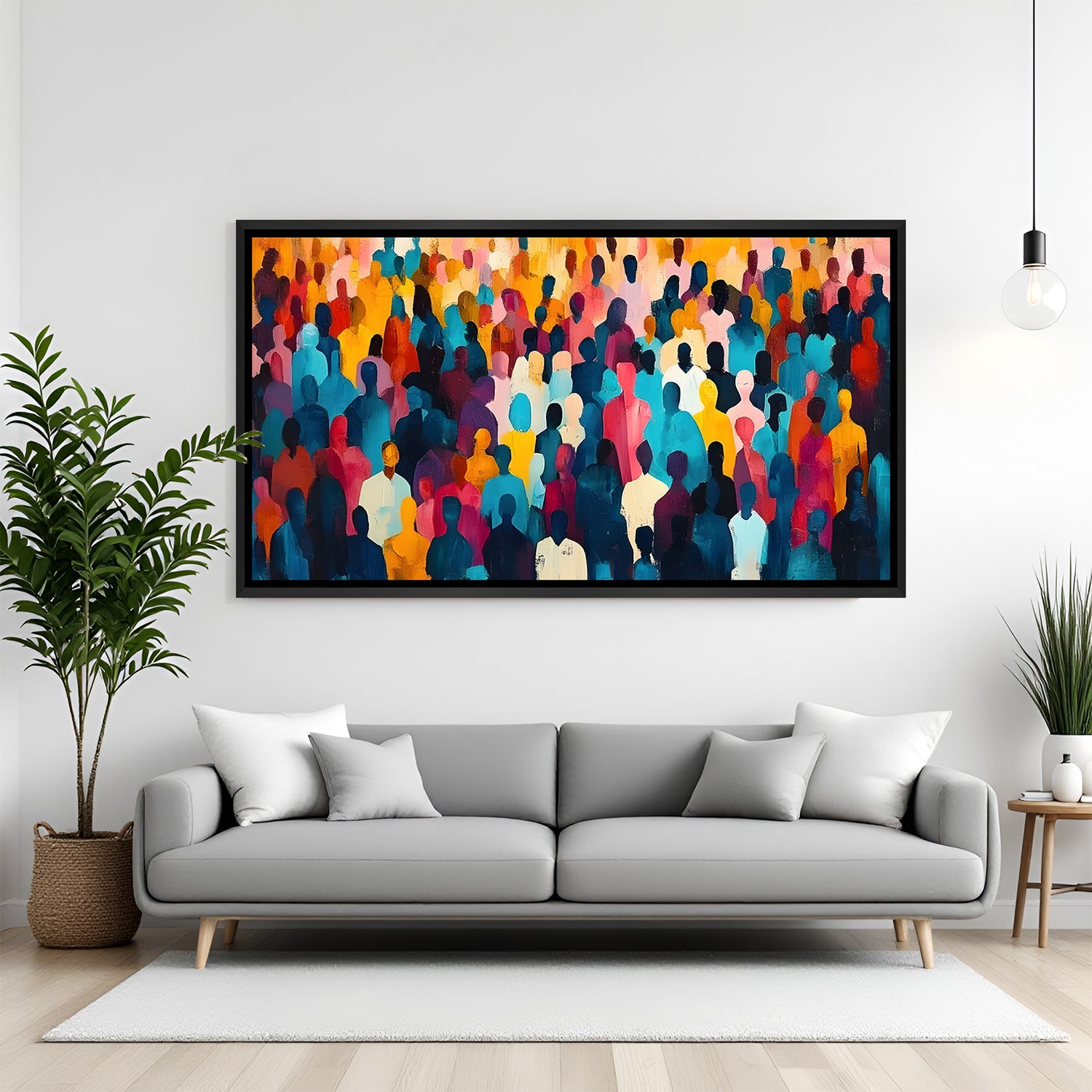 Crowd modern artwork in elegant black floater frame showcasing dynamic human movement and contemporary style