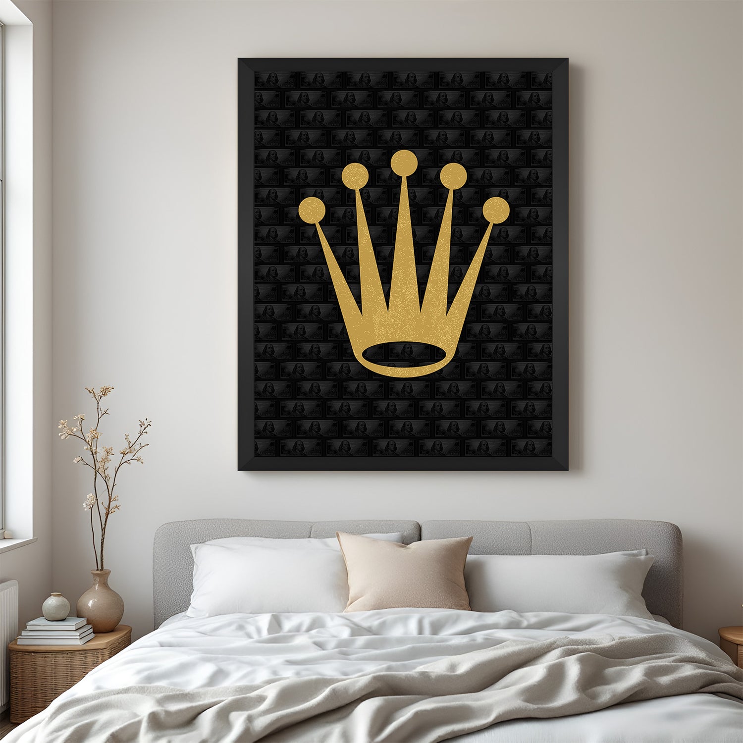 Black-framed wall art showing a dominant crown with small dollar bills on black canvas, perfect for bold and modern interiors