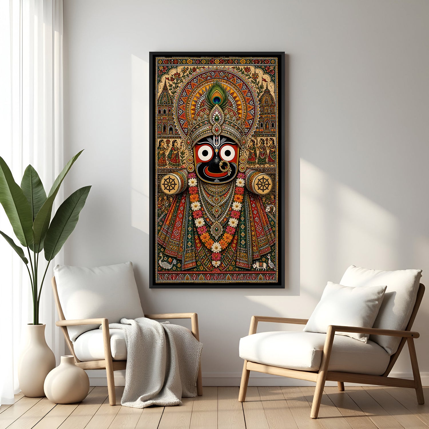 Detailed Jagannath artwork with ornate crown and vibrant flower garlands in elegant black floater frame