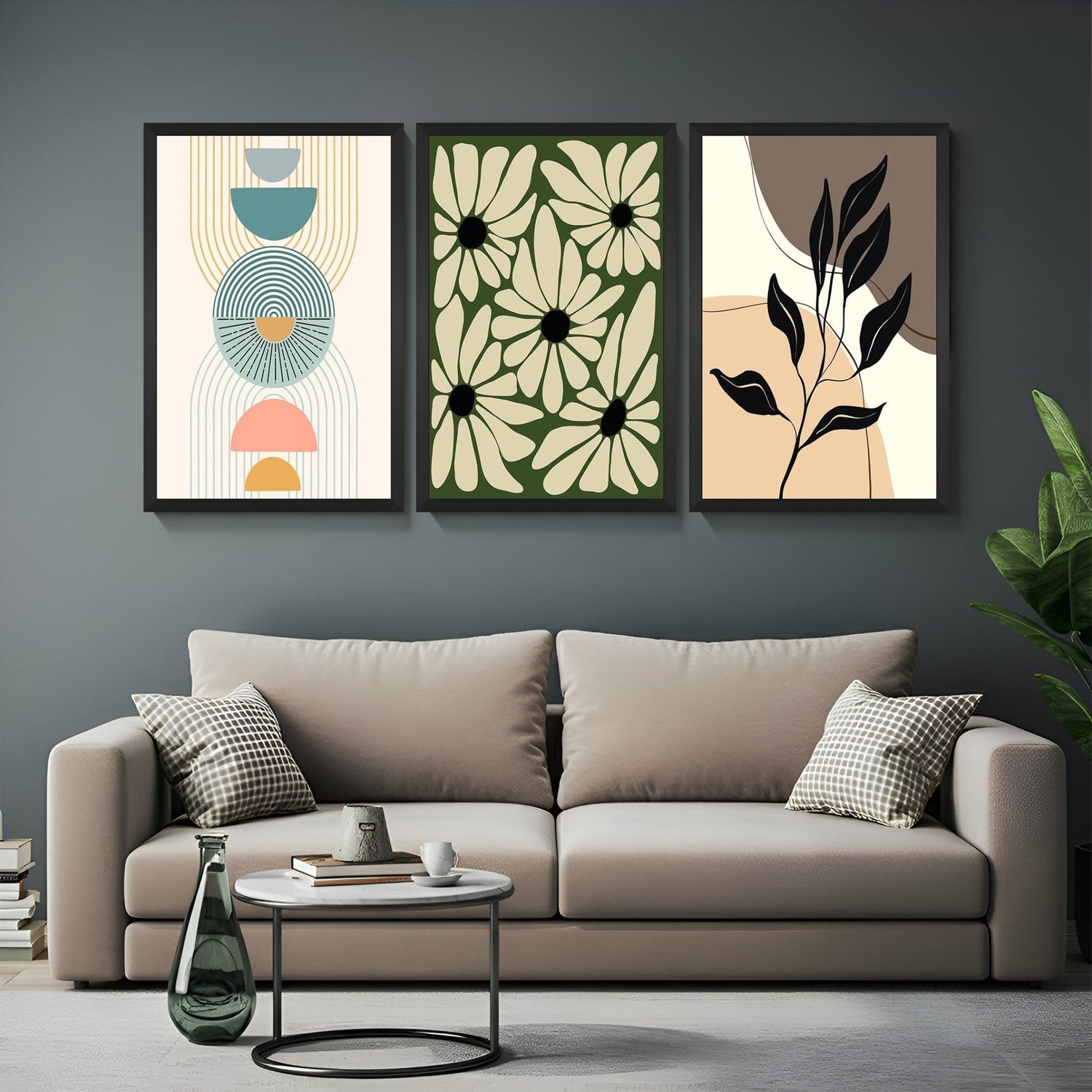 Boho wall art trio with minimalism, botanical flower theme, and abstract curvy shapes with scattered leaves – modern and balanced decor