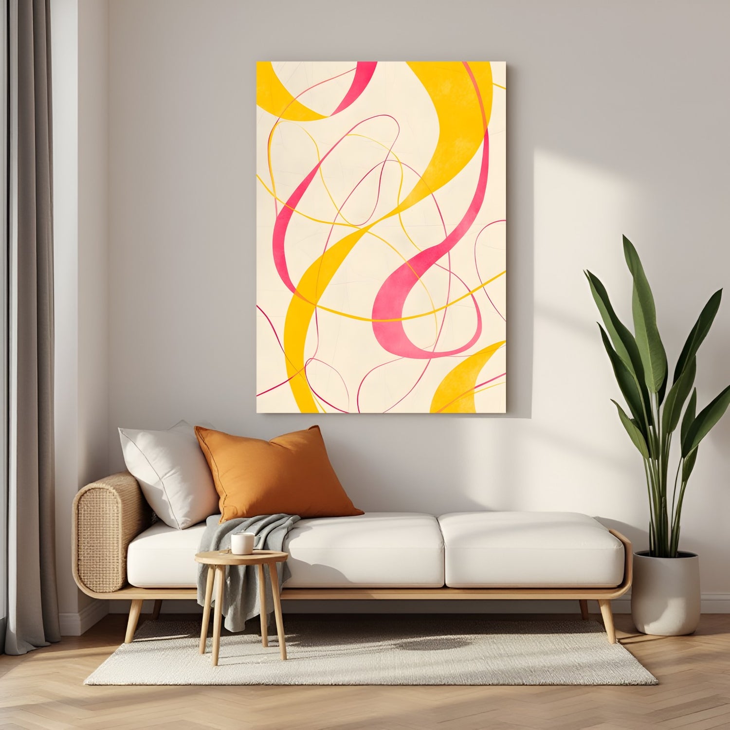 Curvy lines abstract wall art in pink and yellow tones on light canvas