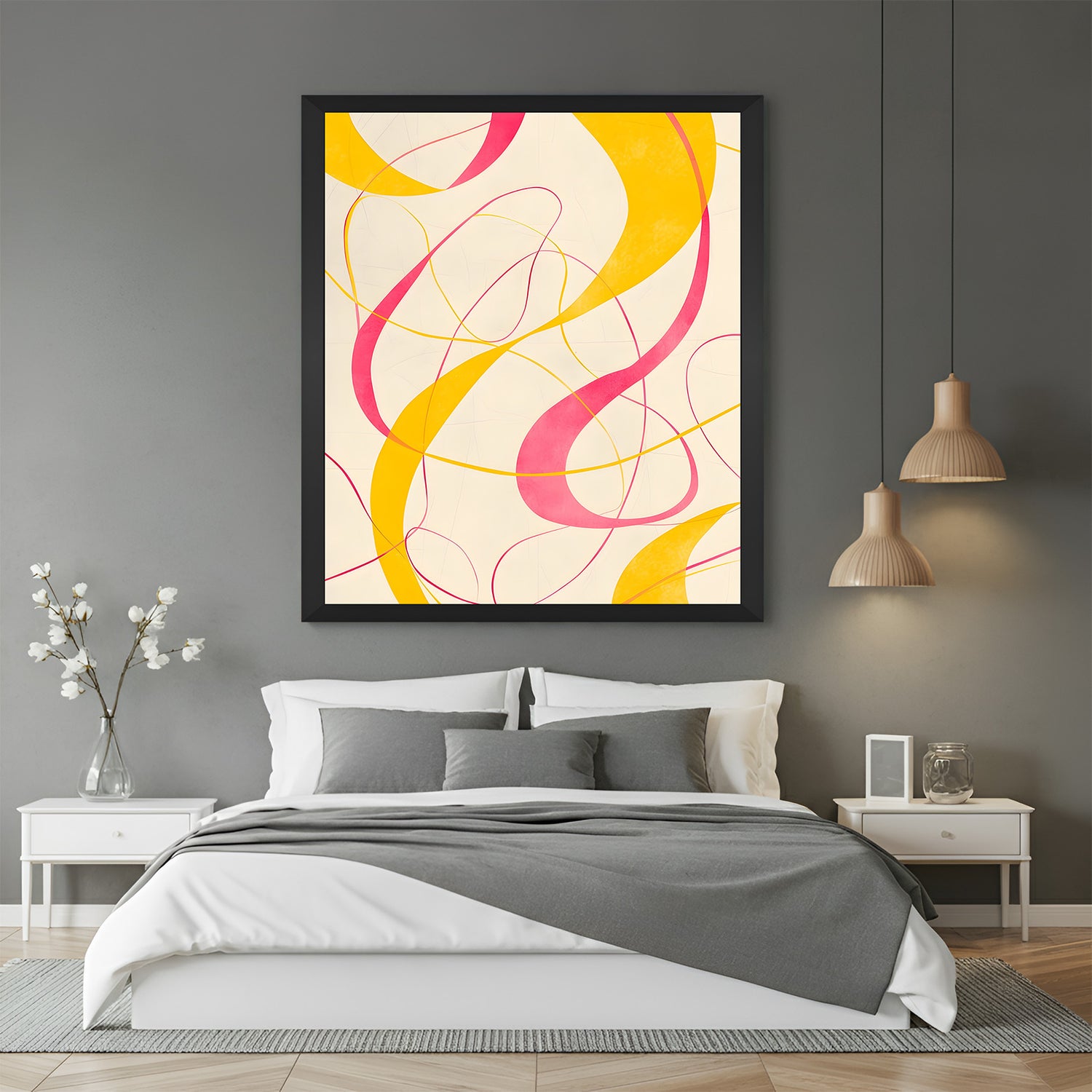 Modern curvy lines canvas print with black floater frame in abstract style