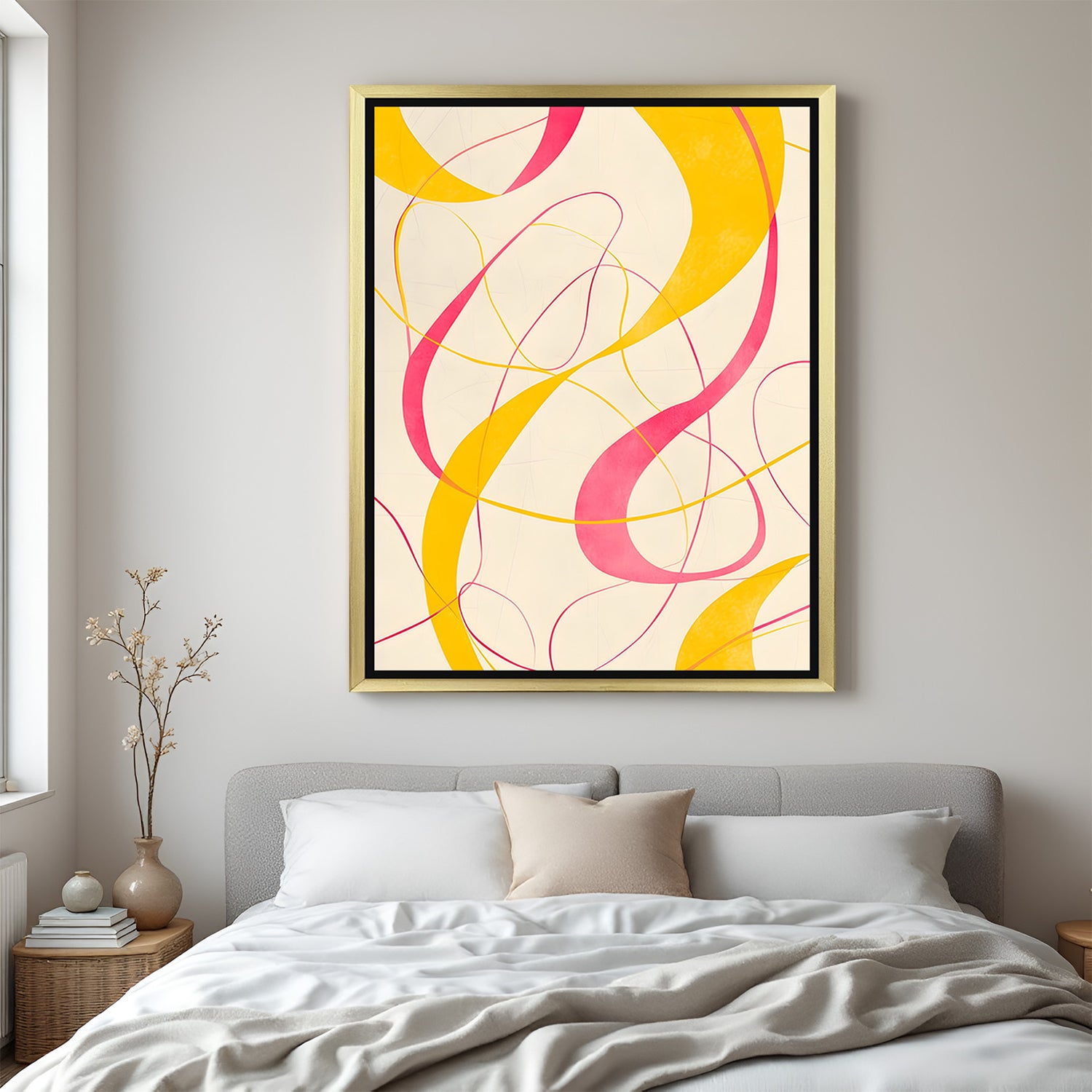Abstract wall art with pink and yellow lines and golden floater frame