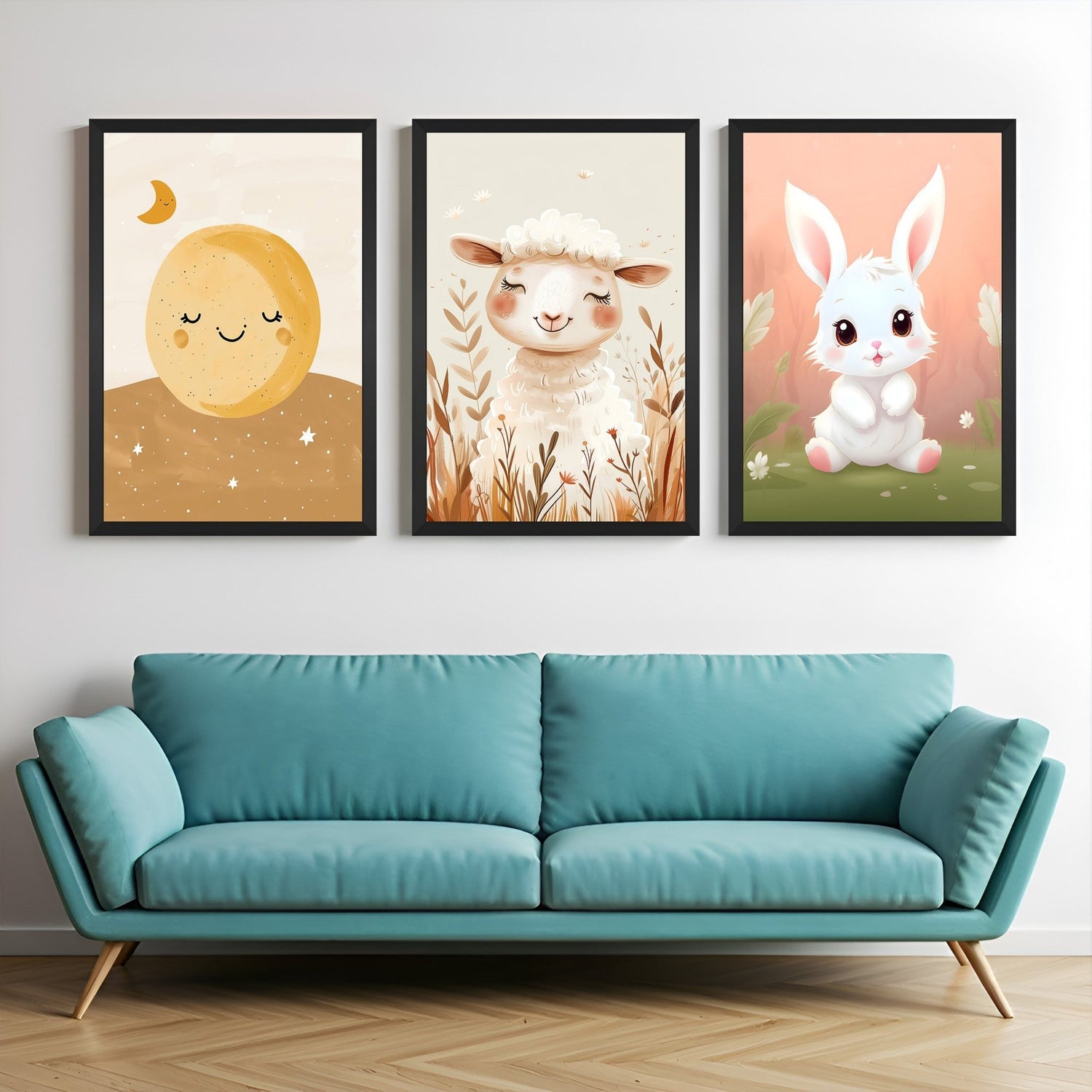 Canvas wall art set with a floating moon, ground sun, a happy sheep, and a sweet rabbit – designed for kids' rooms and nurseries