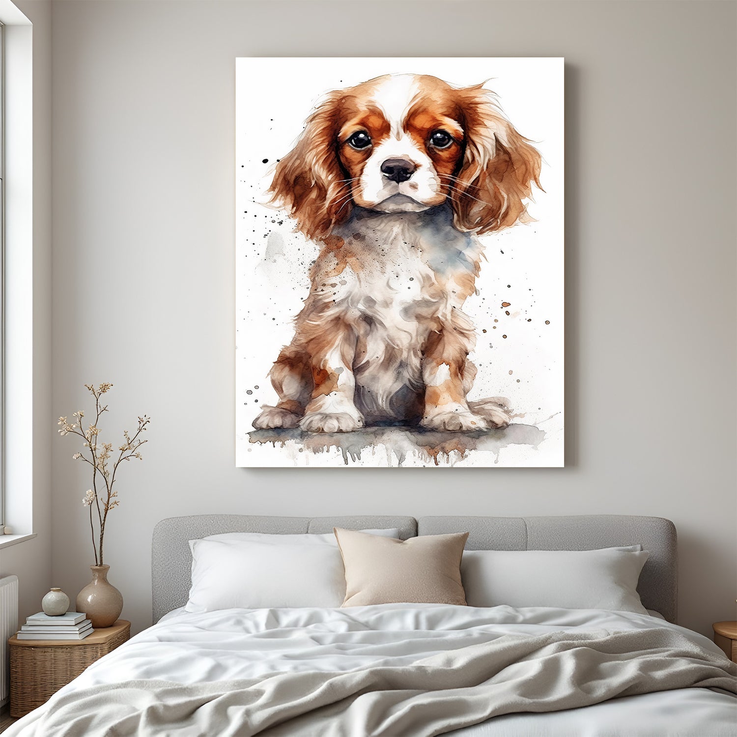 Adorable dog canvas wall art featuring a cute puppy for cheerful home interiors and kids' room decoration