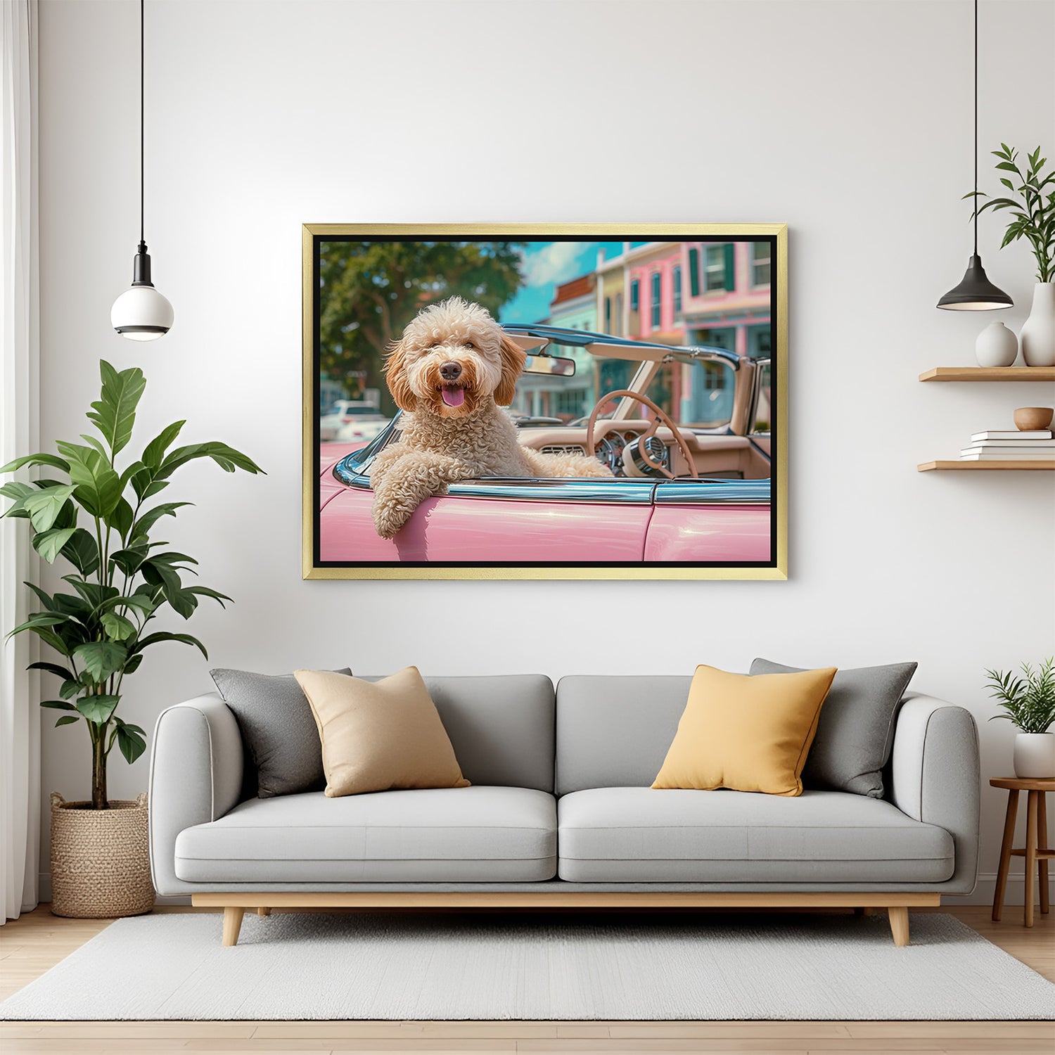 Playful dog in pink car printed canvas art in golden frame, perfect for adding a cute and colorful vibe to vibrant or trendy wall spaces