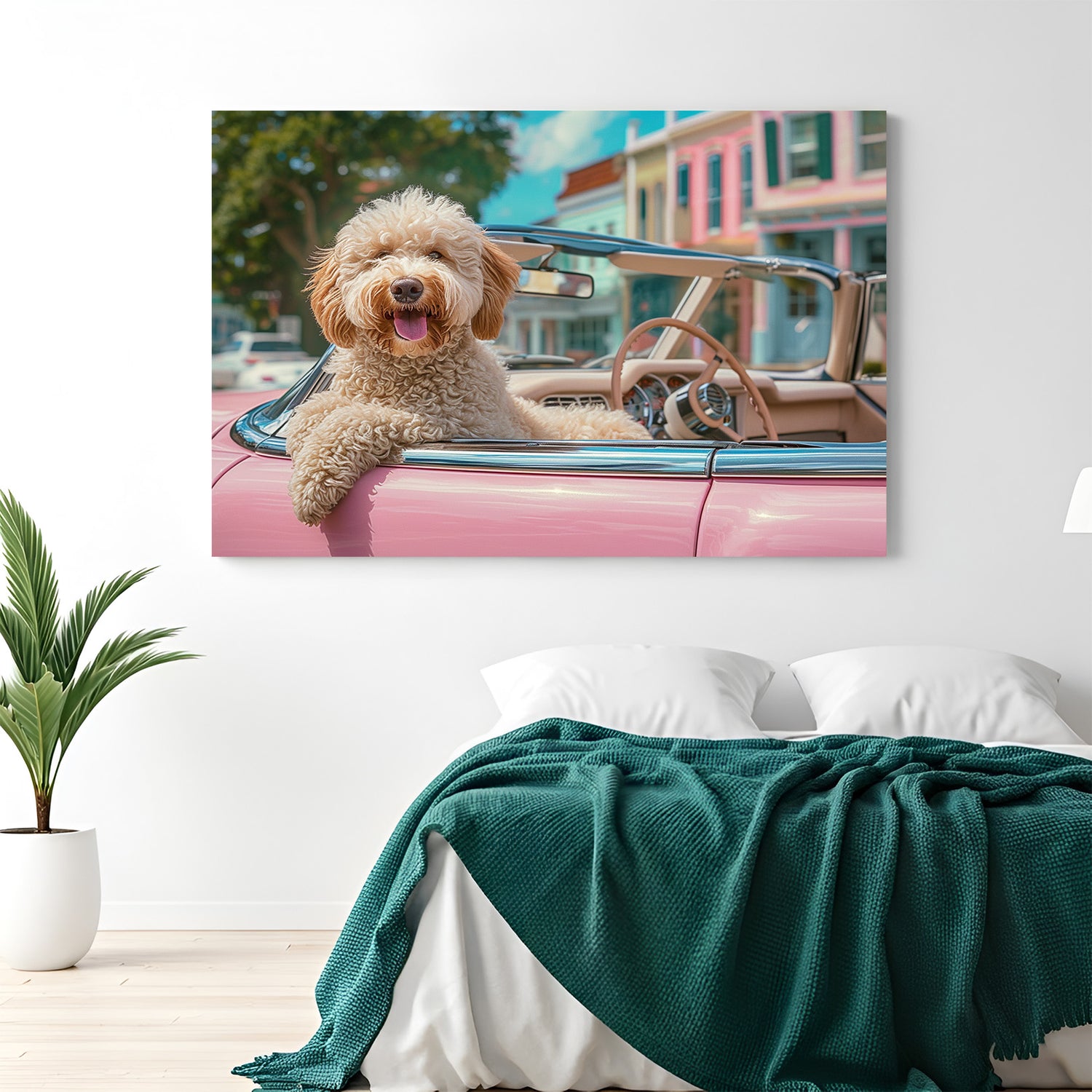 Adorable dog riding in a pink car canvas wall art, perfect for playful and cheerful modern interiors like kids’ rooms and creative spaces