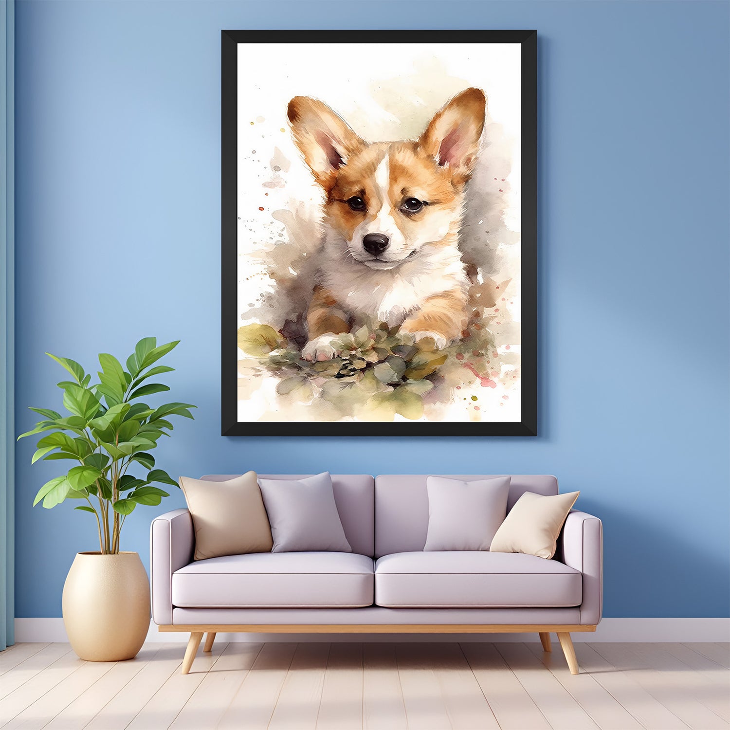 Cute waiting dog canvas in black floater frame, ideal emotional pet artwork for living rooms and kids spaces