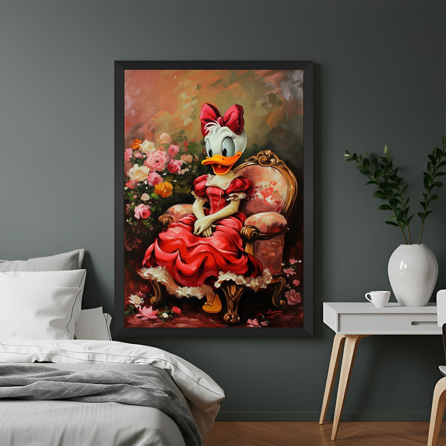 Black-framed canvas print of Daisy Duck in modern art style—vibrant and stylish wall decor for playful yet contemporary spaces