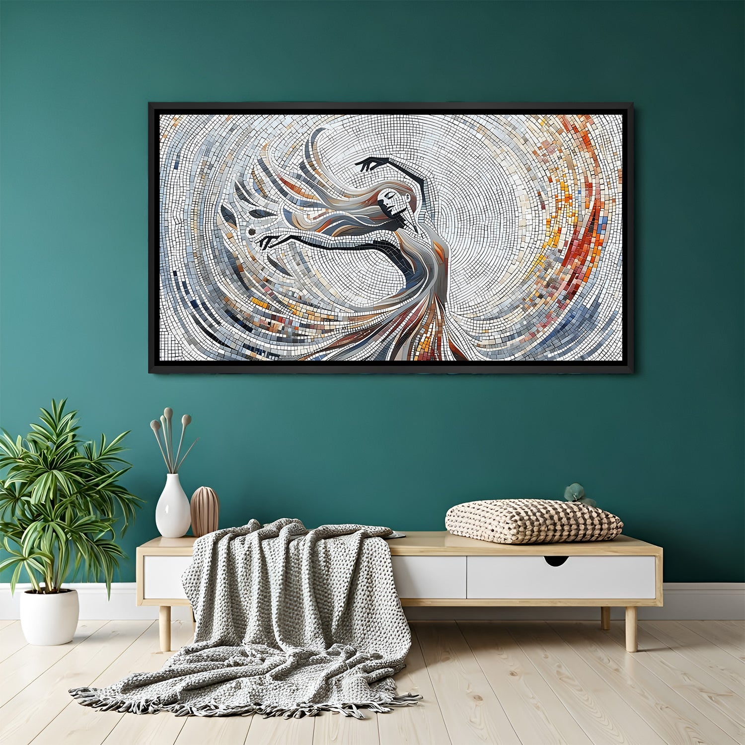 Elegant dancing lady modern artwork in black floater frame for contemporary interiors