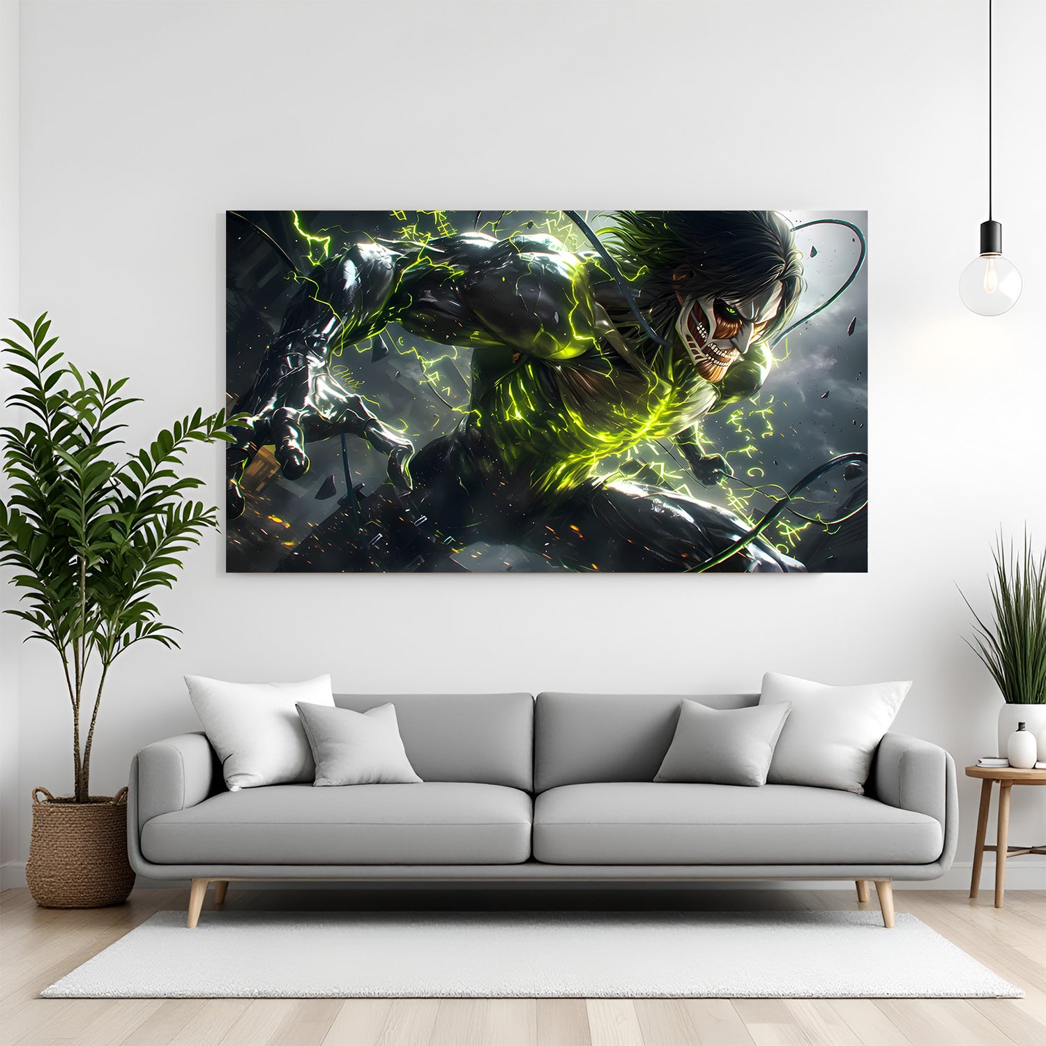 Dark anime titan action canvas wall art with electric green energy