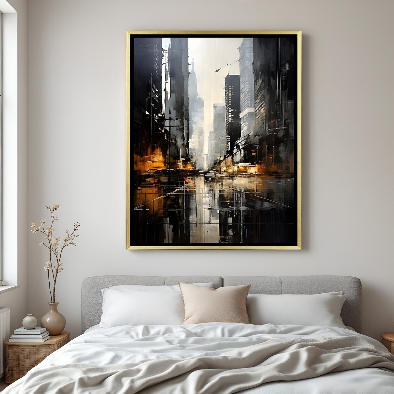 Dark city modern artwork canvas in luxury golden floater frame with cinematic tones