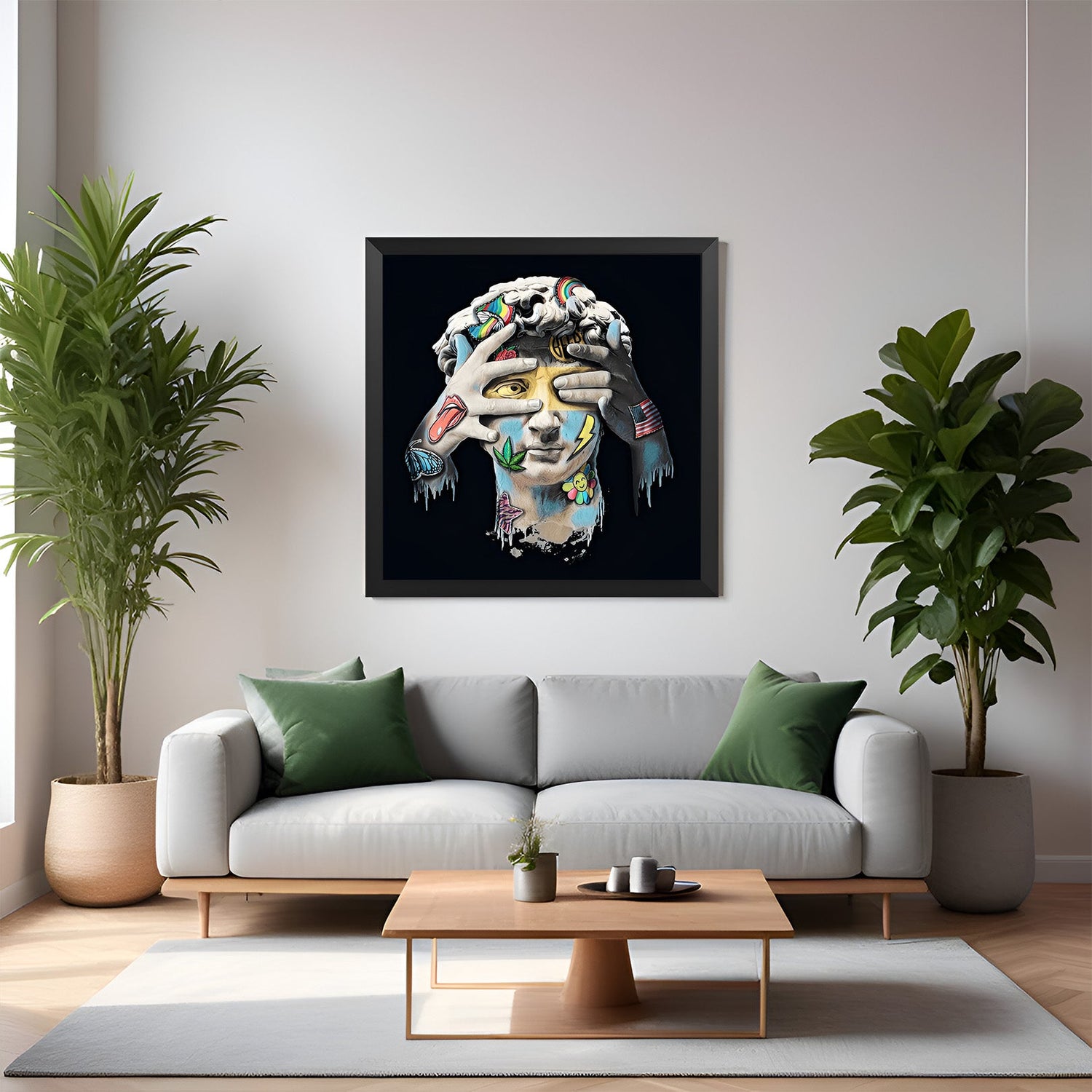Black-framed altered art of David sculpture on black canvas—bold modern wall decor with contrast and style for artistic, urban-themed interiors