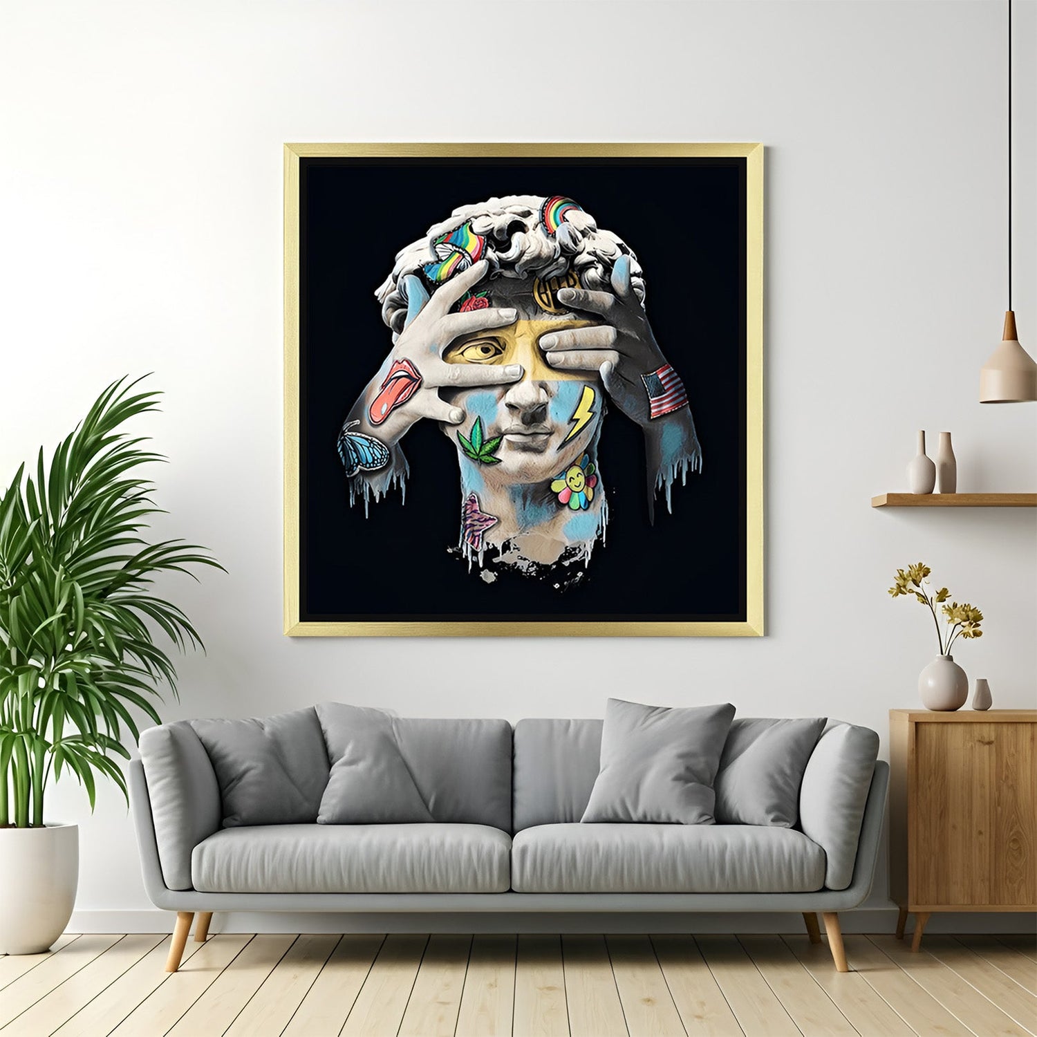 Golden-framed modern art canvas featuring white David sculpture in altered style—dramatic blend of classical and modern art for luxury home or office walls