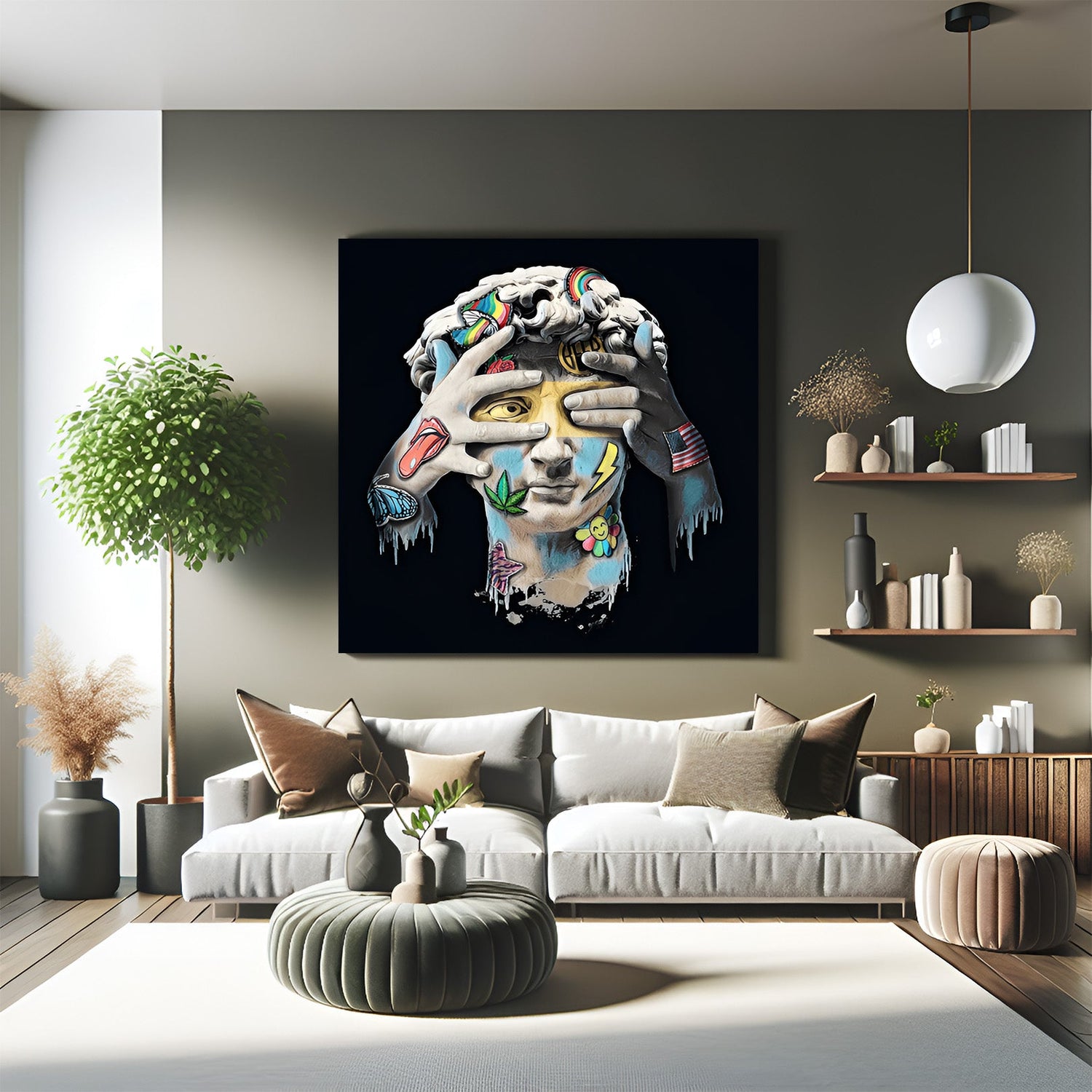 Modern canvas art showing altered white David sculpture on black background—contemporary wall art fusing classical elegance and edgy street-style expression