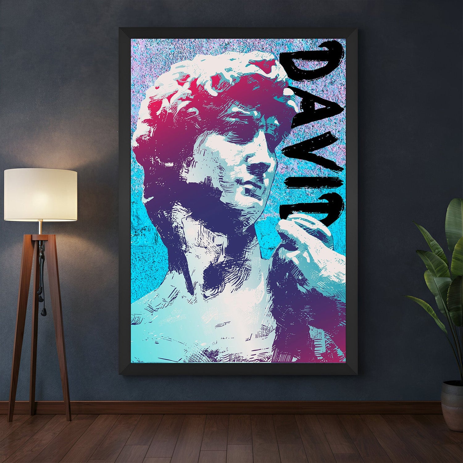 Black-framed canvas print of David in bold painted style—powerful reinterpretation of classical sculpture for stylish and edgy wall art