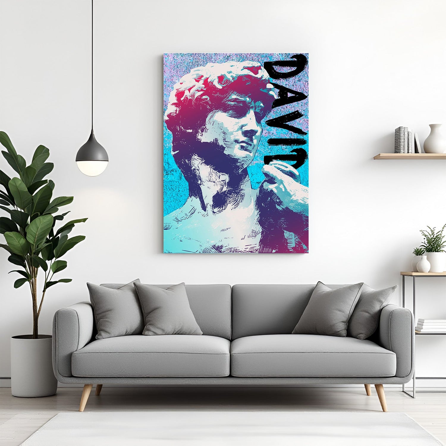 Bold modern art canvas of Michelangelo’s David in painted pop style—reimagined classical figure for trendy, expressive wall decor in modern interiors