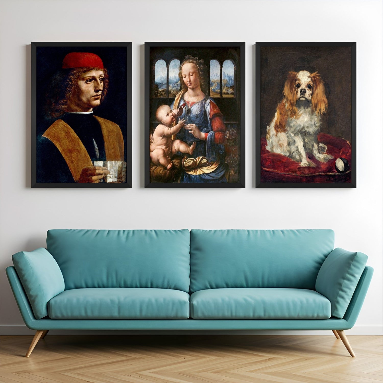 Set of 3 canvas prints featuring Leonardo da Vinci’s Renaissance portraits and a charming realism-style dog painting by Manet – perfect for classy interiors