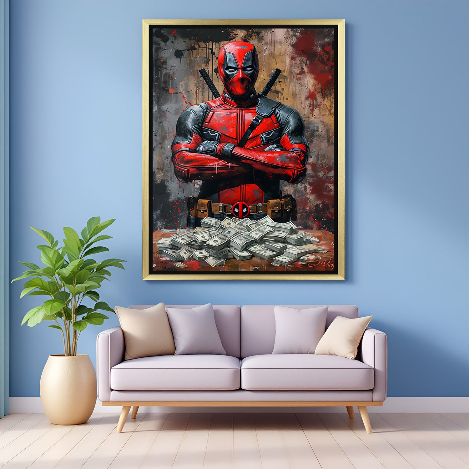 Golden floater frame Deadpool modern art canvas – perfect for comic lovers looking for colorful statement wall decor