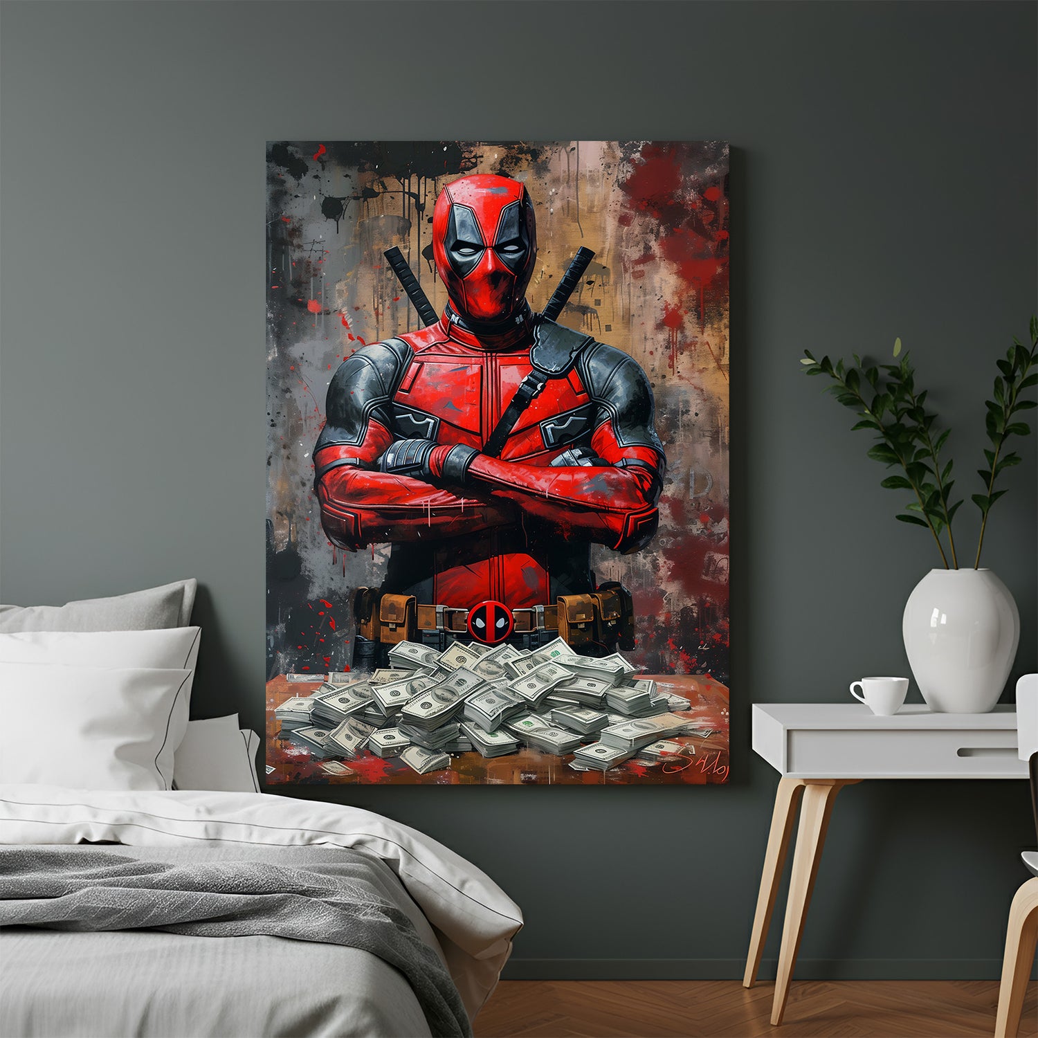 Deadpool modern art canvas featuring the comic antihero in bold graffiti style for superhero-inspired home or office decor