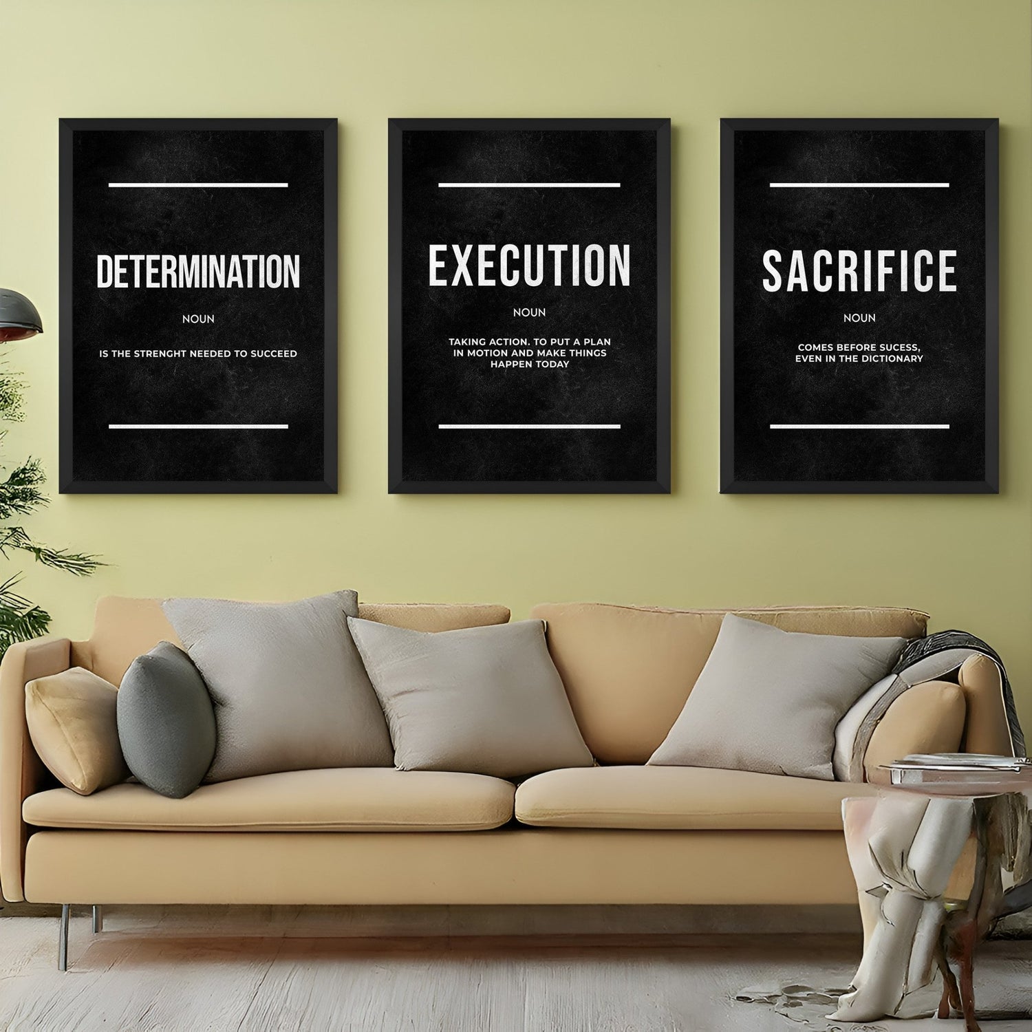 Motivational definition canvas wall art trio featuring Determination, Execution, and Sacrifice – ideal for modern spaces focused on success and self-discipline
